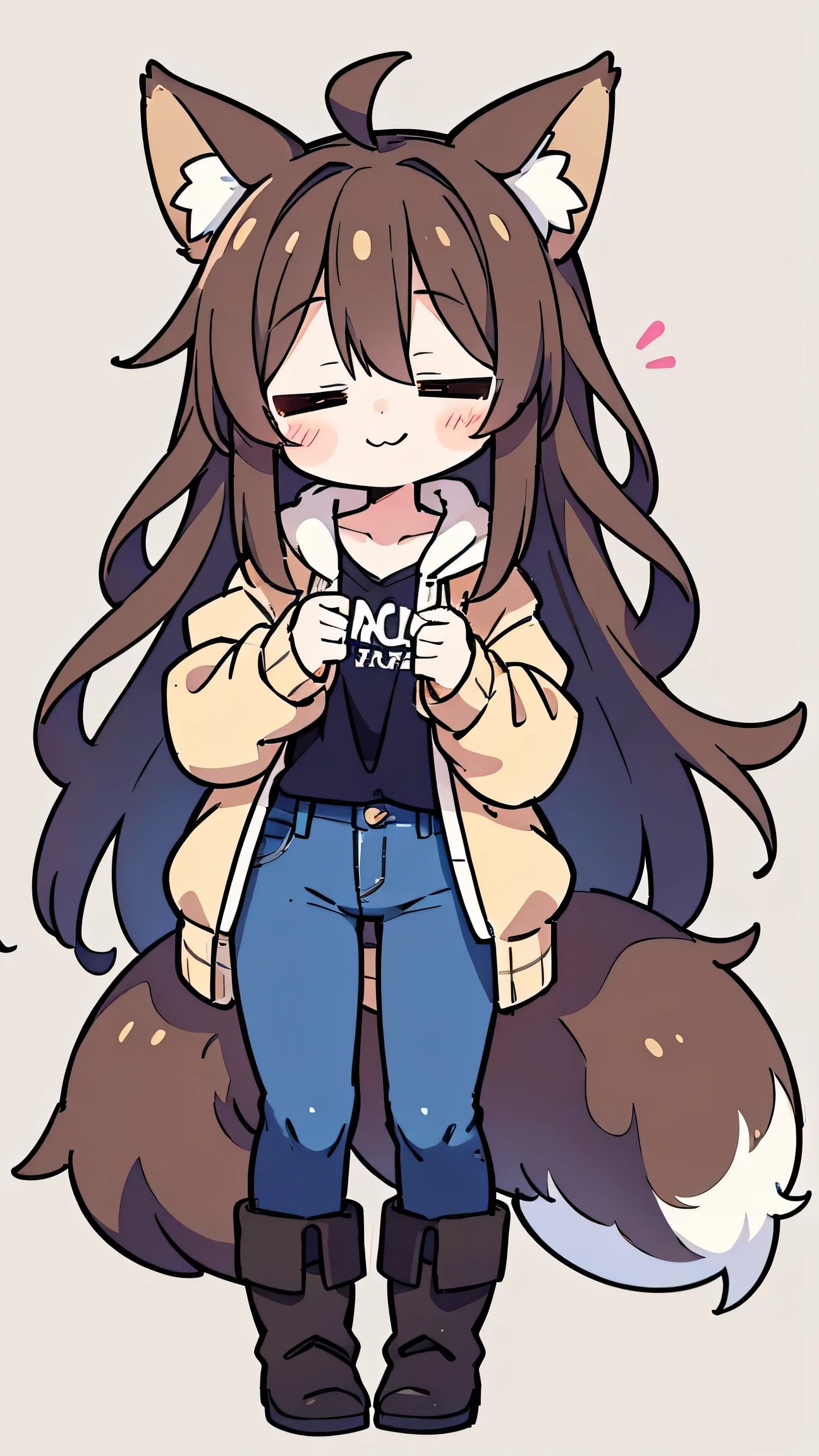 anime style、 cute face、 woman、 fox ears、 Caramel brownhair、tail、long hair、 beige jacket、jeans、boots、simple background、has closed eyes、、Cute mouth、smile、standing、and I'm opening my mouth、is sleeping、Curled up