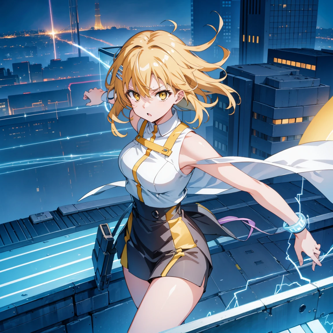 ((top quality, 8k wallpaper)),(masterpiece, best quality),extremely detailed,high definition,(official art:1.3), (((anime screencap,black outline))), <lora:more_details:0.3>, 1girl, solo, BREAK <lora:nishikigi_chisato_v1:0.75>,aachisato,short hair,hair ribbon, BREAK <lora:yellowUltraGirl:0.4>,((( magical girl, white and yellow geometric pattern, tight bodysuit, blue gem on chest, fighting stance, forest, light smile, city, citycape, skyscraper))),