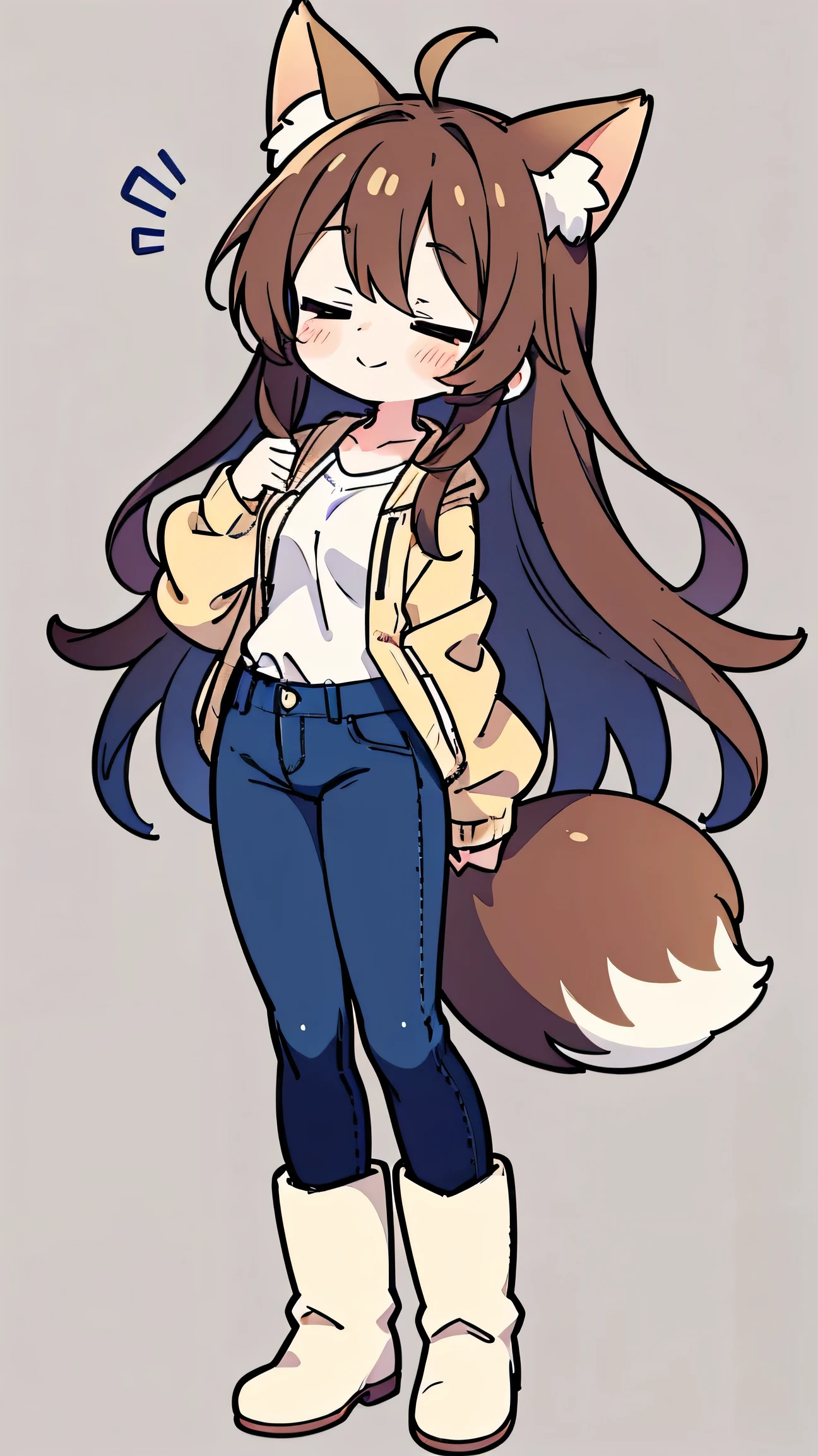 anime style、 cute face、 woman、 fox ears、 Caramel brownhair、tail、long hair、 beige jacket、jeans、boots、simple background、has closed eyes、、Cute mouth、smile、standing、and I'm opening my mouth、is sleeping、Curled up