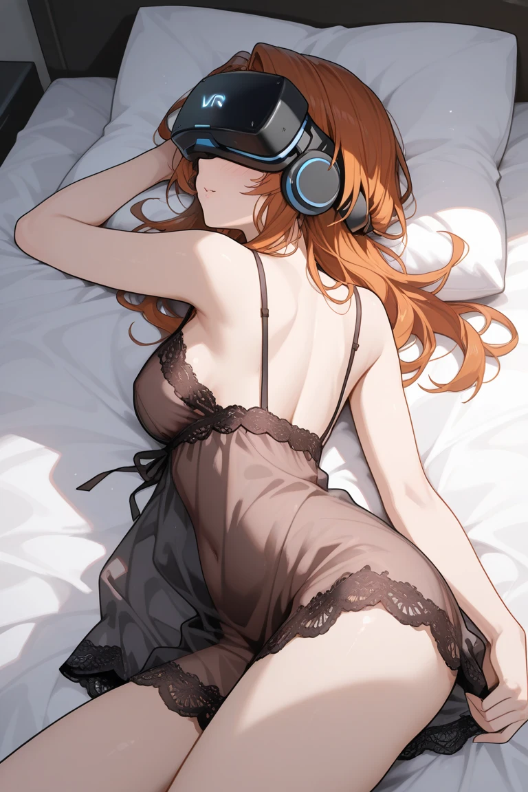 masterpiece, best quality, ultra-detailed, 1girl (namiop, sexual slavery of old man,Big and pretty breasts,naked body, jewelry, earrings, dog collar(chains), orange hair,long hair, brown eyes, ), a shallow face, wicked smile, , parted lips, facing viewer, looking at viewer, solo, nude, see-through nightgown, cleavage,  sideless, wanostyle, night time, slave ,  on the bed, lie down, lying,   seductive, top view 
