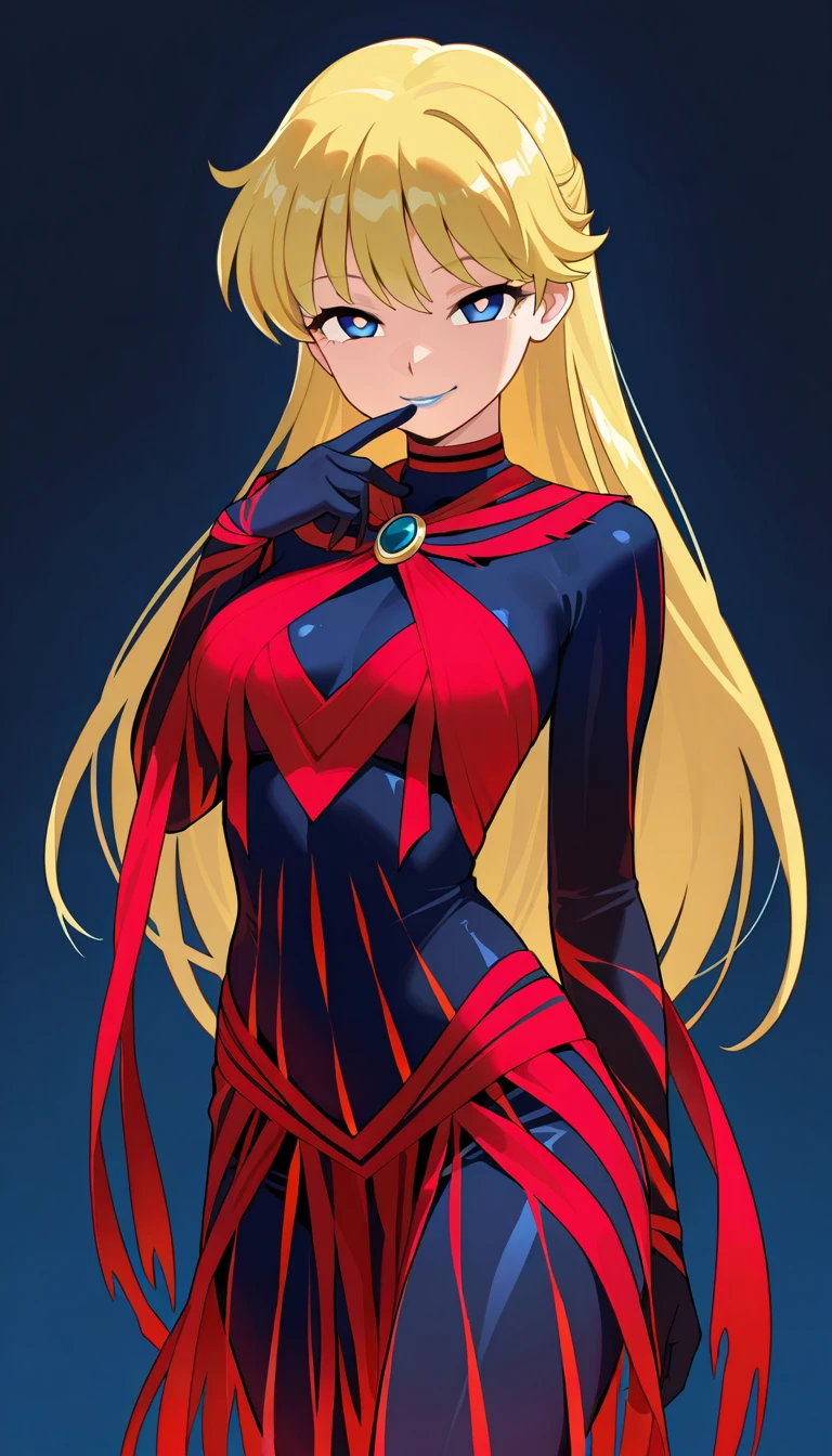 The image shows an animated female figure with a striking and vibrant design. She is wearing a red outfit, which appears to be a combination of a tight-fitting bodysuit and a long-sleeved top. The figure has a detailed and curve-emphasized design, with an accentuated chest and hip area. The body has a gold button in the middle of the top.
The figure wears red gloves, that reach down to the forearms, which gives her entire outfit a cohesive color scheme. She has blonde, wavy hair, who wears a striking red cap with a white circle and a large "M" peek out in the middle.
The figure has large, expressive blue eyes and a happy facial expression. She seems to be smiling and is holding the top of her outfit with her hands. The earrings, that she wears, are large and circular, which further contributes to their lively appearance.
The background of the image is monochrome and goes from a darker blue at the bottom to a lighter blue at the top, which brings the figure to the foreground and emphasizes its colorful appearance even more. The overall image appears very dynamic and lively.