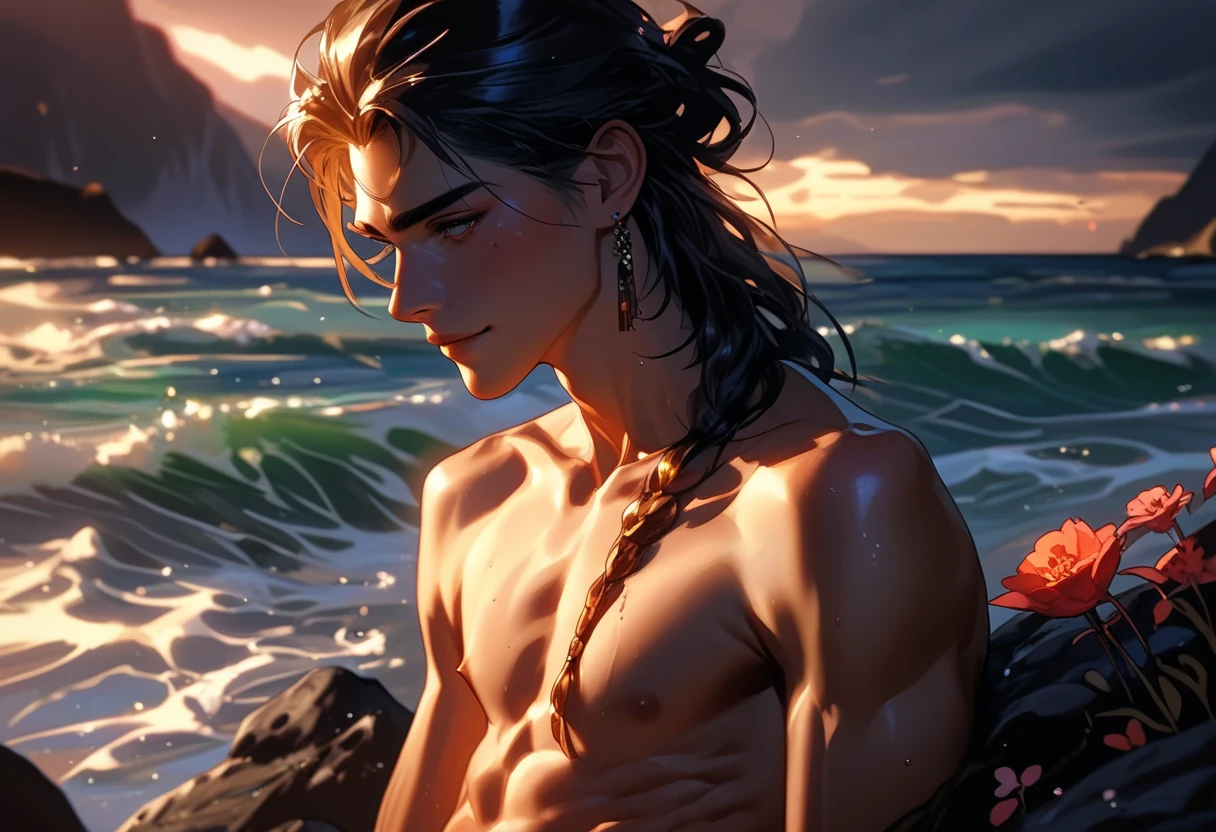solo, long hair, black hair, 1boy, male focus, outdoors, sky, barefoot, pants, cloud, water, from side, kneeling, night, ocean, black pants, all fours, star \(sky\), light particles, starry sky, topless male, waves