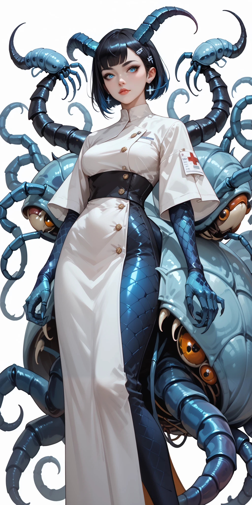The girl is an insectoid demon. She is dressed in a doctor's costume: blue capri pants , white medical robe, silicone gloves. Her tail is the tail of a centipede.. There are six horns on the head. she has short black hair: a wolf haircut. She has expressive bright blue eyes and black eyelids.