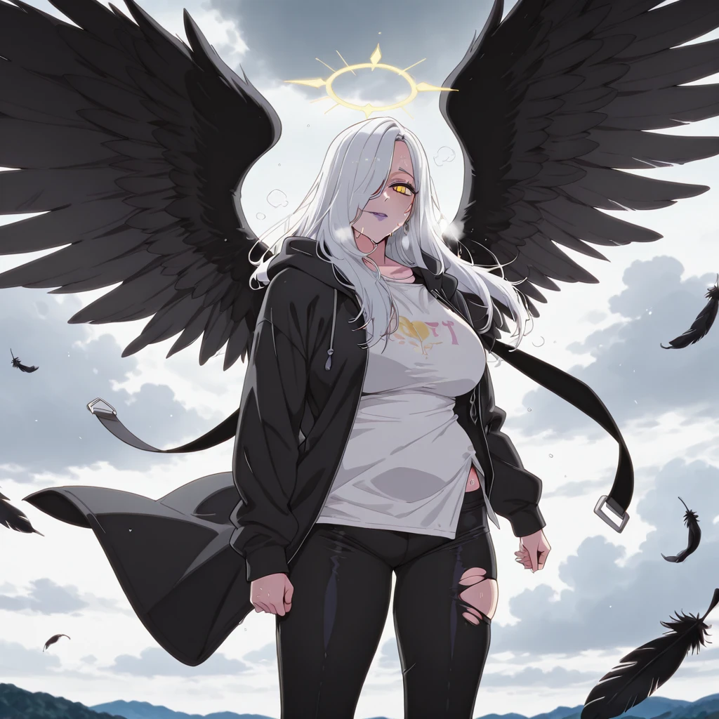 score_9, score_8_up, score_7_up, score_6_up, uncencsored, perfect eyes, perfect fingers, gasping, heavy breathing, excessive sweating, sweating, sweating profusely, gasping profusely, cinematic, ((skindentation)), ((curvy)), omi-san, long hair, yellow eyes,slit pupils,hair over one eye, one eye covered,white hair, purple lips, bright pupils, plump, BREAK anime-style, anime coloring, cgi, Hand drawn, cinematic, Sharp focus, humorous illustration, big depth of field, Masterpiece, concept art, trending on artstation, Vivid colors, Simplified style, trending on ArtStation, trending on CGSociety, Intricate, Vibrant colors, Soft Shading, Simplistic Features, Sharp Angles, Playful, excessive sweating, sweating profusely, sweating drop BREAK, 1girl, wings, solo, halo, cloud, ((black_wings)), glowing, torn_clothes, cloudy_sky, torn, sky, jacket, hood, feathered_wings, glowing_eyes, shirt, feathers, pants, angel, black suit, looking_at_viewer, smirk, steaming body, fallings feathers, cinematic,