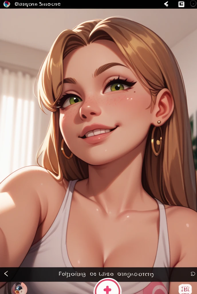 um close up de uma mulher com cabelos longos usando um top vermelho, Amouranth, angelawhite, mais conhecido como Amouranth, jovem Amouranth bonito, com cabelos longos e olhos penetrantes, Imagens da webcam, rosto sexy com maquiagem completa, longos cabelos loiros e olhos grandes, olhos laranja brilhantes, pele laranja e cabelo ardente longo, pale fair skin!!