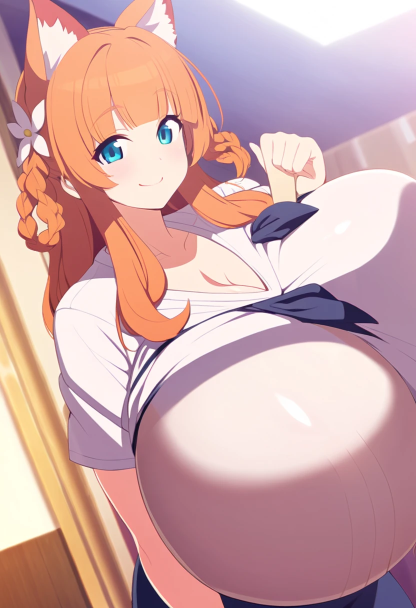 (highest quality, masterpiece:1.2),(Huge breasts、Bad mood:1.6),(pregnancy:1.3),One girl, Cure the rhythm, Wide ponytail, Puff short sleeves, brooch, Heart Earrings, ribbon, Arm warmers, White boots, View the viewer,(Green Eyes:1.2),Big smile