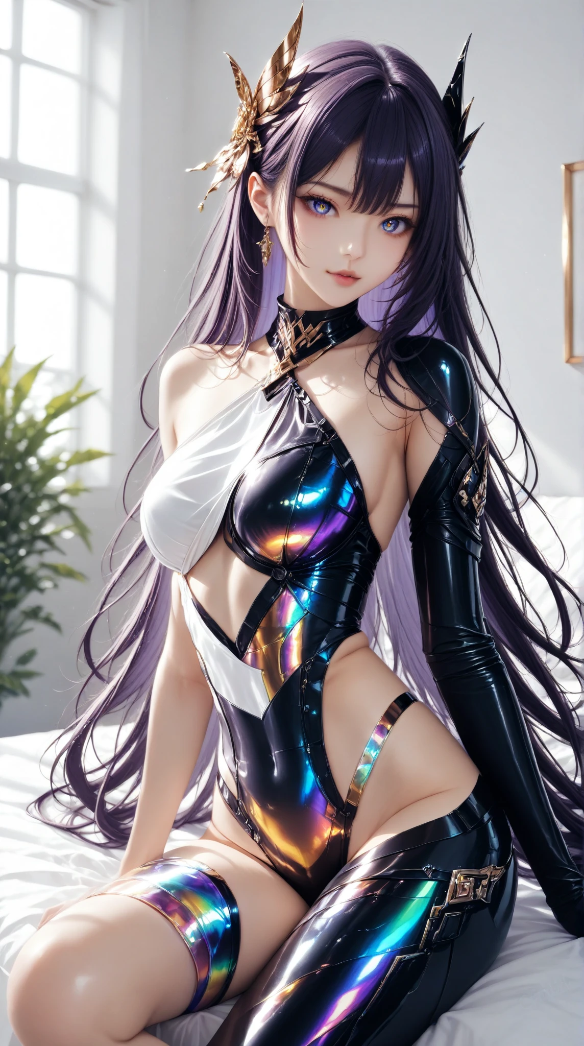 1girl, (masterpiece), best quality, expressive eyes, perfect face, anime girl with purple and black hair and purple flowers, black hair, purple colored inner hair, black and violet costume, anime girl, violet, goth cybersuit, female cyberpunk anime girl, violet long hair, perfect anime cyborg woman, cyberpunk anime art, cyberpunk anime girl mech, dark purple hair and cybernetics, anime cyborg, futuristic neo, small breasts