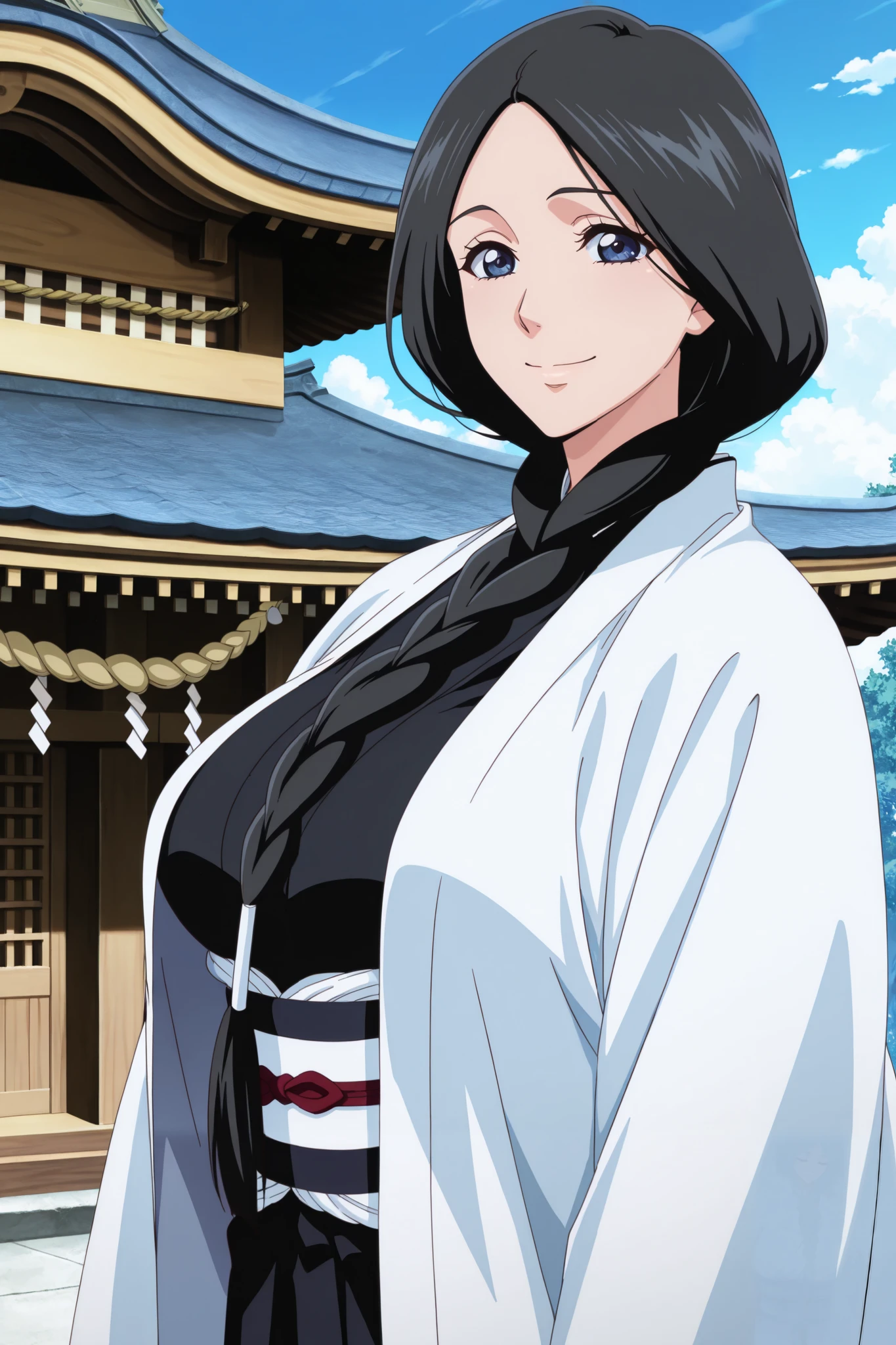 masterpiece,best quality, amazing quality, very aesthetic,anime screencap ,1girl, solo, run0hana, black hair, single braid, dark blue eyes, large breasts, white haori, wide sleeves, black kimono, obi, black hakama, closed eyes, happy, smile, looking at viewer, blue sky, shrine, east asian architecture, clouds