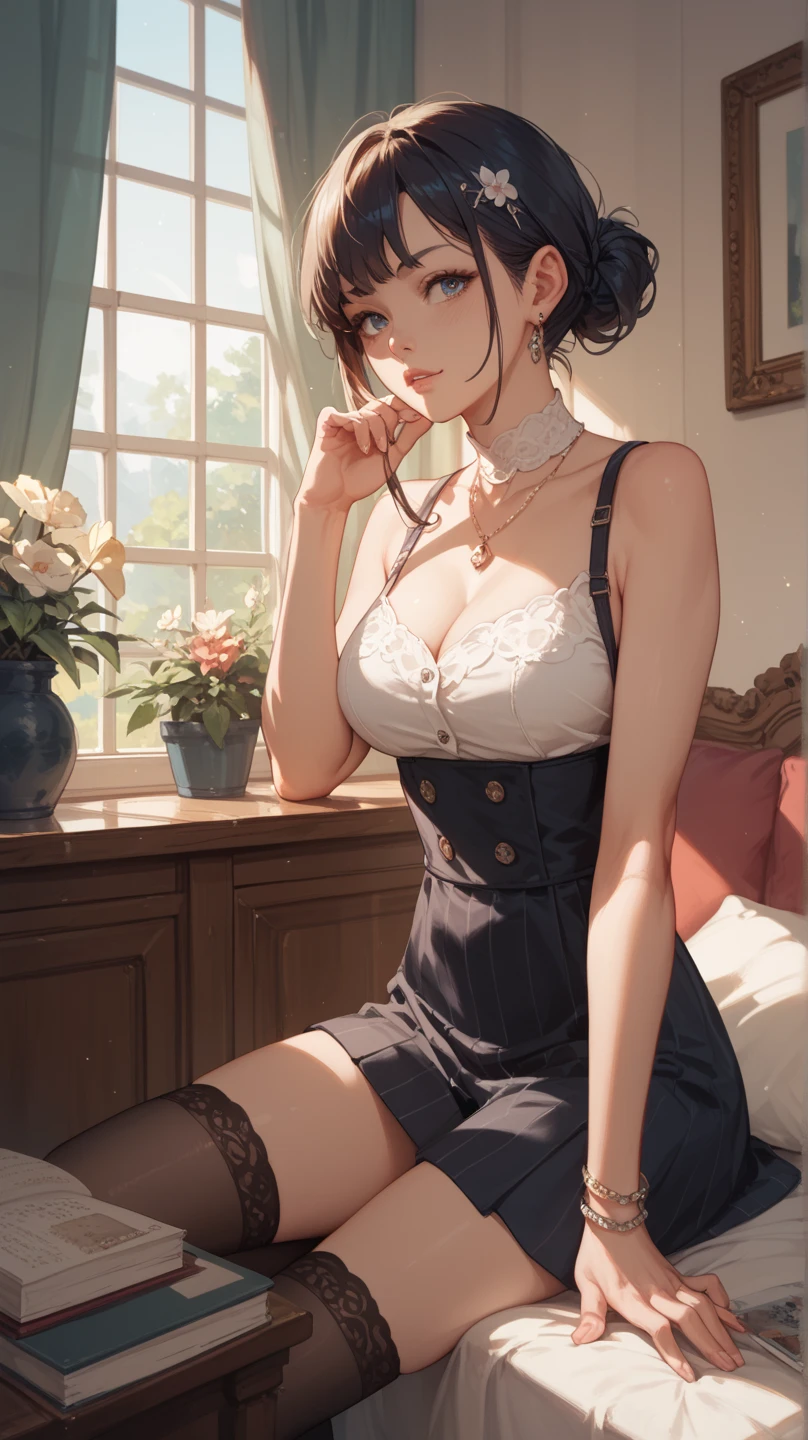 Masterpiece, top quality illustration, cute super nasty maid girl sitting in coffee shop, headband, blunt end, black hair and yellow eyes, beautiful detailed eyes, blush, bra, clothes lift, clothes pull, lace trimming bra, lace trim, navel, stomach, thighs :: 2, shirt, shirt lift, short hair, mini skirt, skirt lift, panties, white shirt, particles, petal, plant, blue sky, sunny, high quality, high resolution