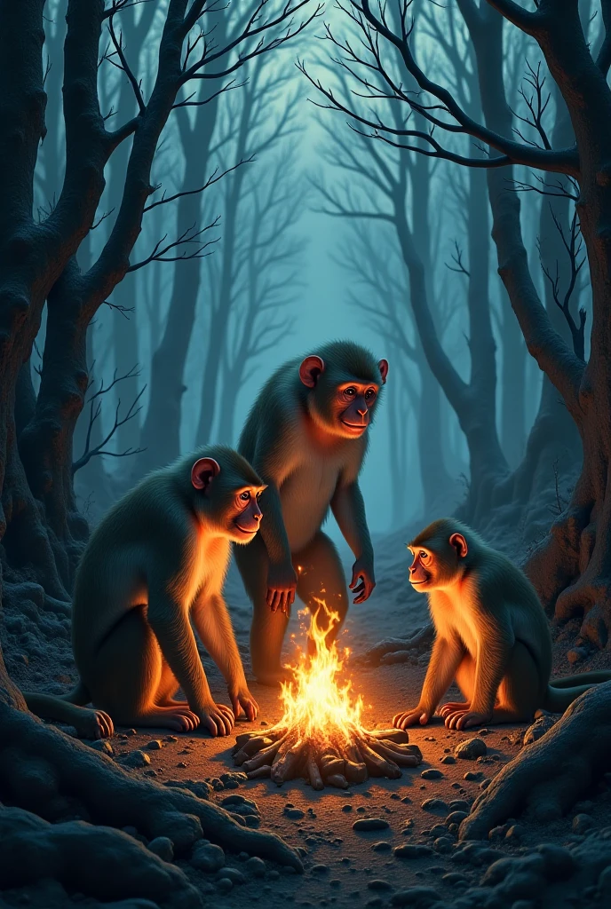 The next morning, ape and his group are around the fire. observe how if,I use gestures to point to food, danger and tools. Kura tries to make a specific sound, a rudimentary word.