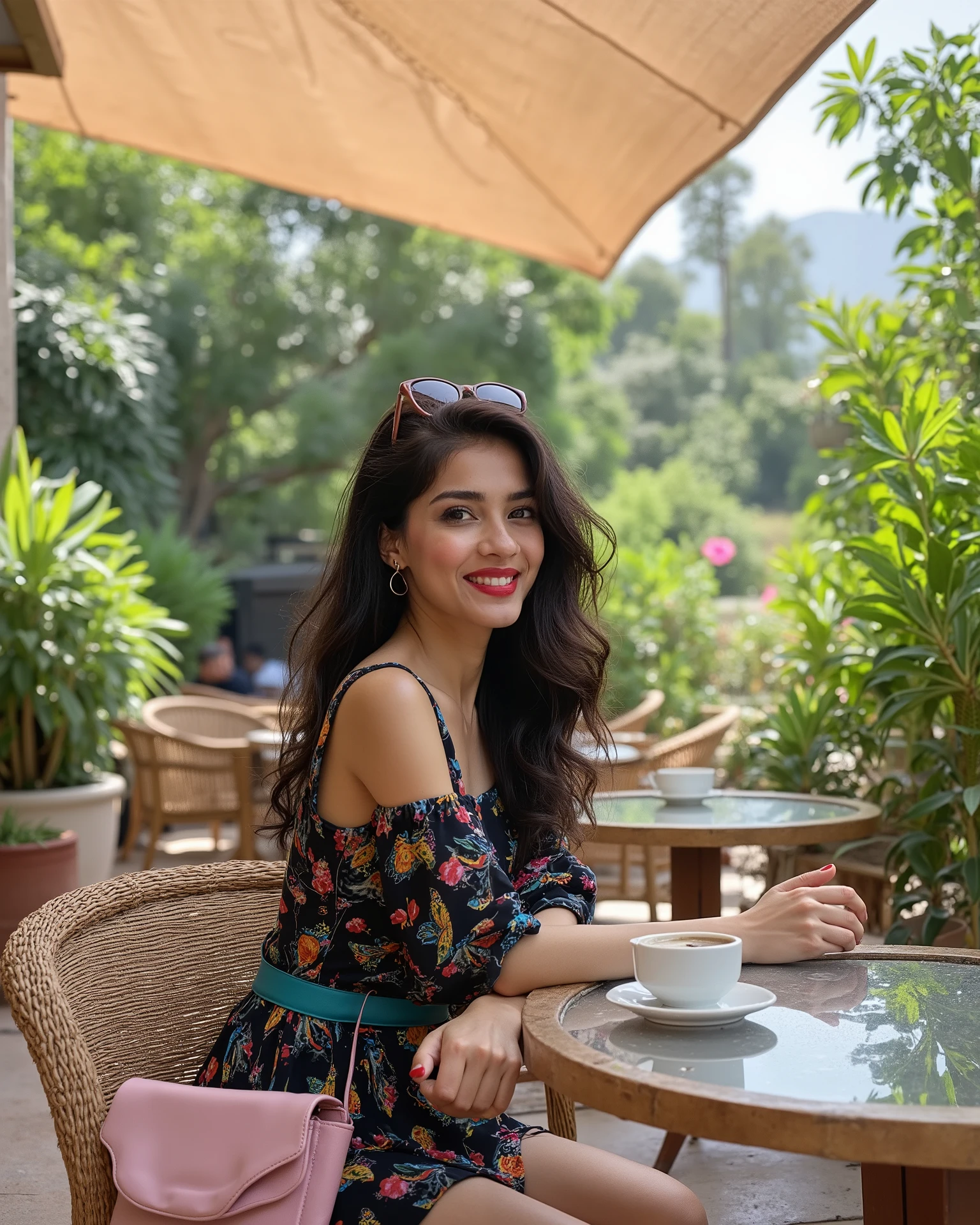 Photograph of a young, beautiful slender Indian woman with shoulder-length dark brown wavy hair and pale white skin, wearing bright lipstick. She has a heart-shaped face and big brown eyes, dressed in a short black dress with colorful floral patterns and a teal waistband. She accessorizes with a small, light pink handbag and sunglasses perched on her head. She sits at one of the small, round tables with a glass top, enjoying a cup of coffee. The table is surrounded by wicker chairs, and potted plants, including tall palms, are placed around the seating area. Overhead, brown fabric canopies provide shade, and lush greenery is visible beyond the seating area, creating a relaxed and warm ambiance.