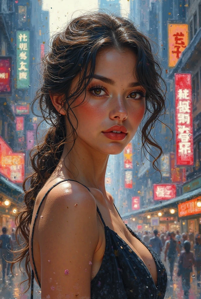 masterpiece, best quality, miranda, (halfbody shot,street lamps,moon),Masterpiece, 1girl, solo exhibition, beautiful woman on the bustling street, surrounded by hawkers, beautiful goddess girl portrait, beautiful and detailed face, porcelain skin, (((bust shot, center, night, short hair)), super soft lighting, symmetry, complexity, elegance, high detail, realism, art, concept art, jenya.d