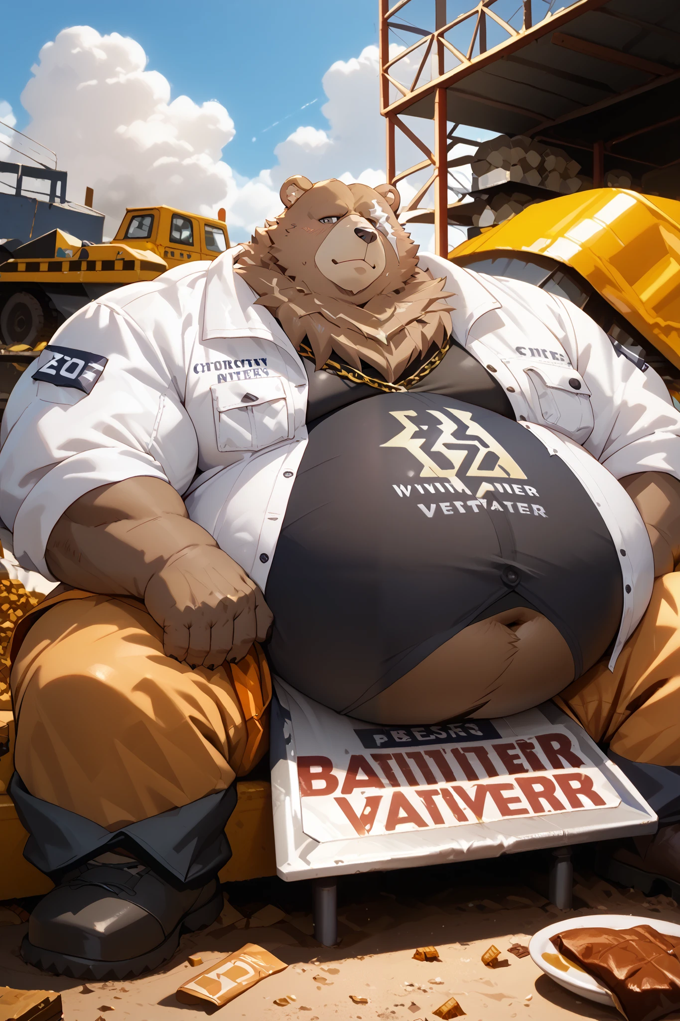 Nsfw, Ben Bigger (Zenless Zone Zero), furry male bear, male, brown fur color, beard, inflating, hyper belly,belly bloat, bulge,, close up, frontview, kokuhane artstyle, bigger belly, ((fatter belly)), ((aroused)), ((tight vest)), ((horny)), ((sitting leaned back)), ((many empty plates around him)), ((tight button shirt)), ((more empty plates)), ((hyper belly)), fattest gut on earth, belly inflation, ((construction worker)), white jacket, black shirt, (very huge pectoral)