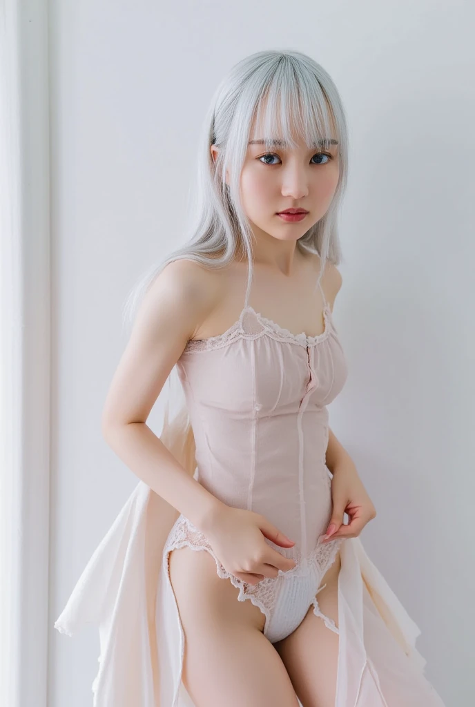 masterpiece, (best quality:1.4), 1girl, large breasts, wide hips, skiny and thin, smile, rabbit ears, fake animal ears, (white hairband), pink hair, highleg leotard, black leotard, black garter strap, white gloves, black footwear, (wrist cuffs, white thighhighs), blue eyes, looking at viewer, playboy bunny, cameltoe, very long hair, sitting, full body, covered navel, hands on own chest, bare shoulders, blush, strapless, closed mouth, groin,
