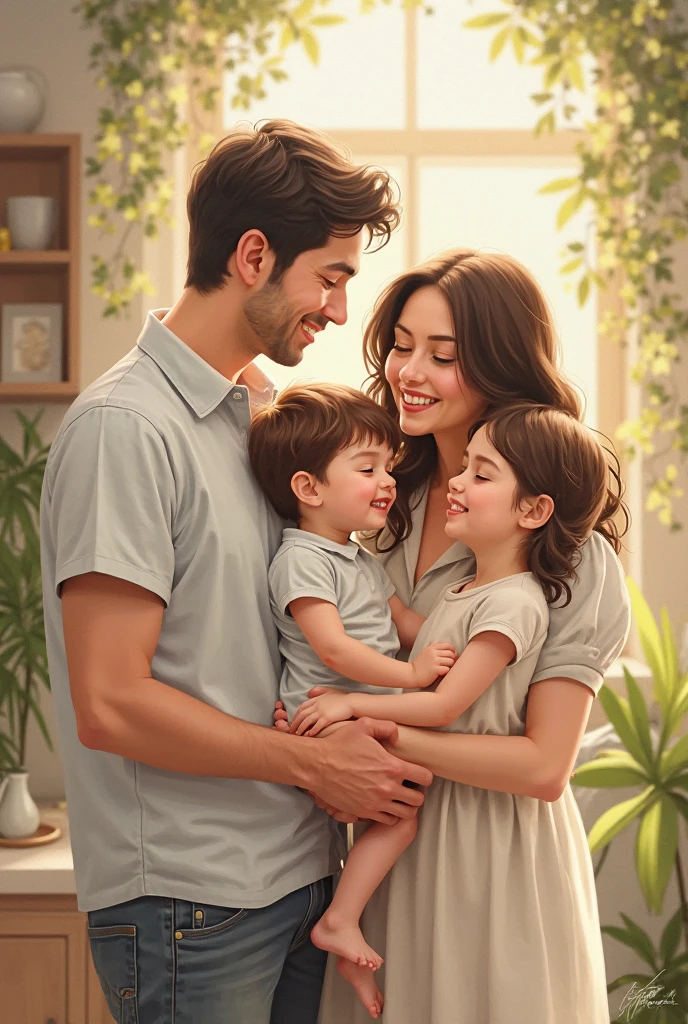 Beautiful women,smart and handsome boy have two children male and female use the soft blue tshirt colour,background at the dreams their beautiful house like have a two siamese cat