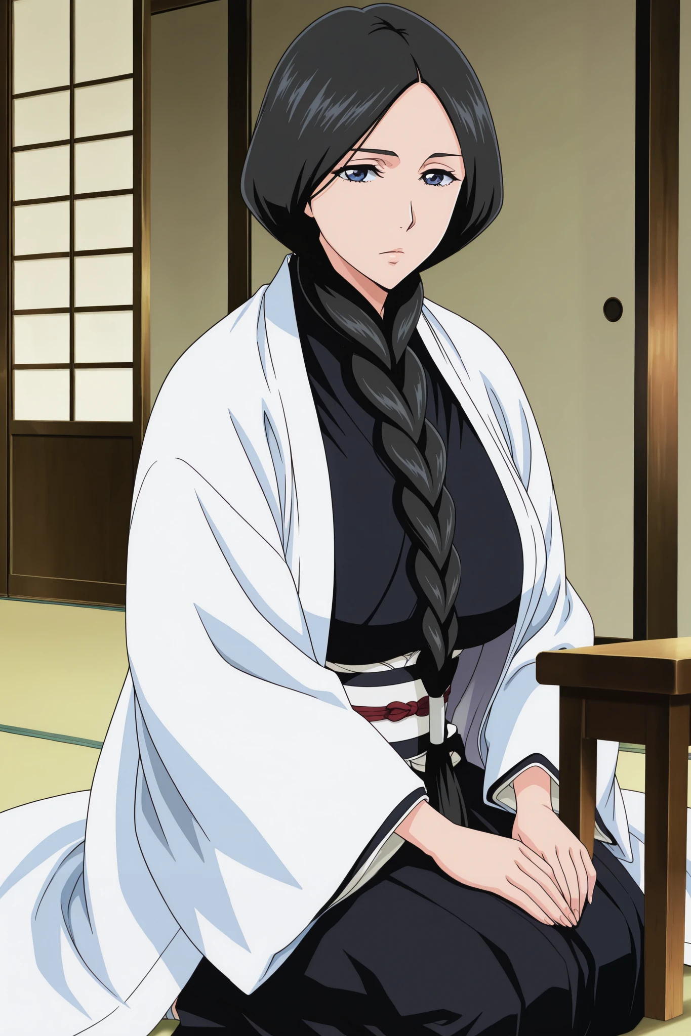 masterpiece,best quality, amazing quality, very aesthetic,anime screencap ,1girl, solo, run0hana, black hair, single braid, dark blue eyes, large breasts, white haori, wide sleeves, black kimono, obi, black hakama, sandals, looking at viewer, mature female, seiza, serious, table, east asian architecture, indoors, large breasts, looking at viewer