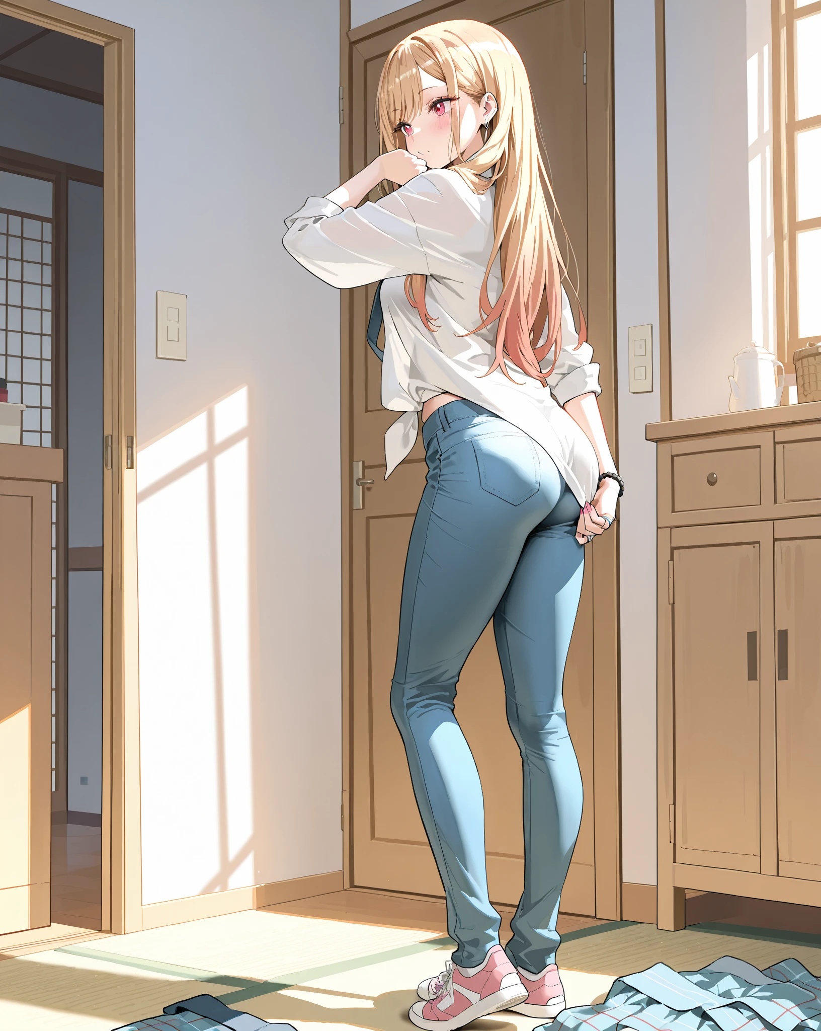 ((best quality, masterpiece:1.3, 8K)), (detailed), highly detailed face and skin texture, detailed eyes, living room, window, empty water bottles, from behind, full body, standing, (slender body:1.1), 1girl, 25 years old, white skin, blue eyes, reading glasses, bright lips, scared, worried, embarrassed, blonde hair, straight hair, long hair, (forehead:1.0), green sweater, hard nipples, jeans pants, skinny jeans, blue jeans, barefoot, (wetting herself:2.5), desperation:1.5,
