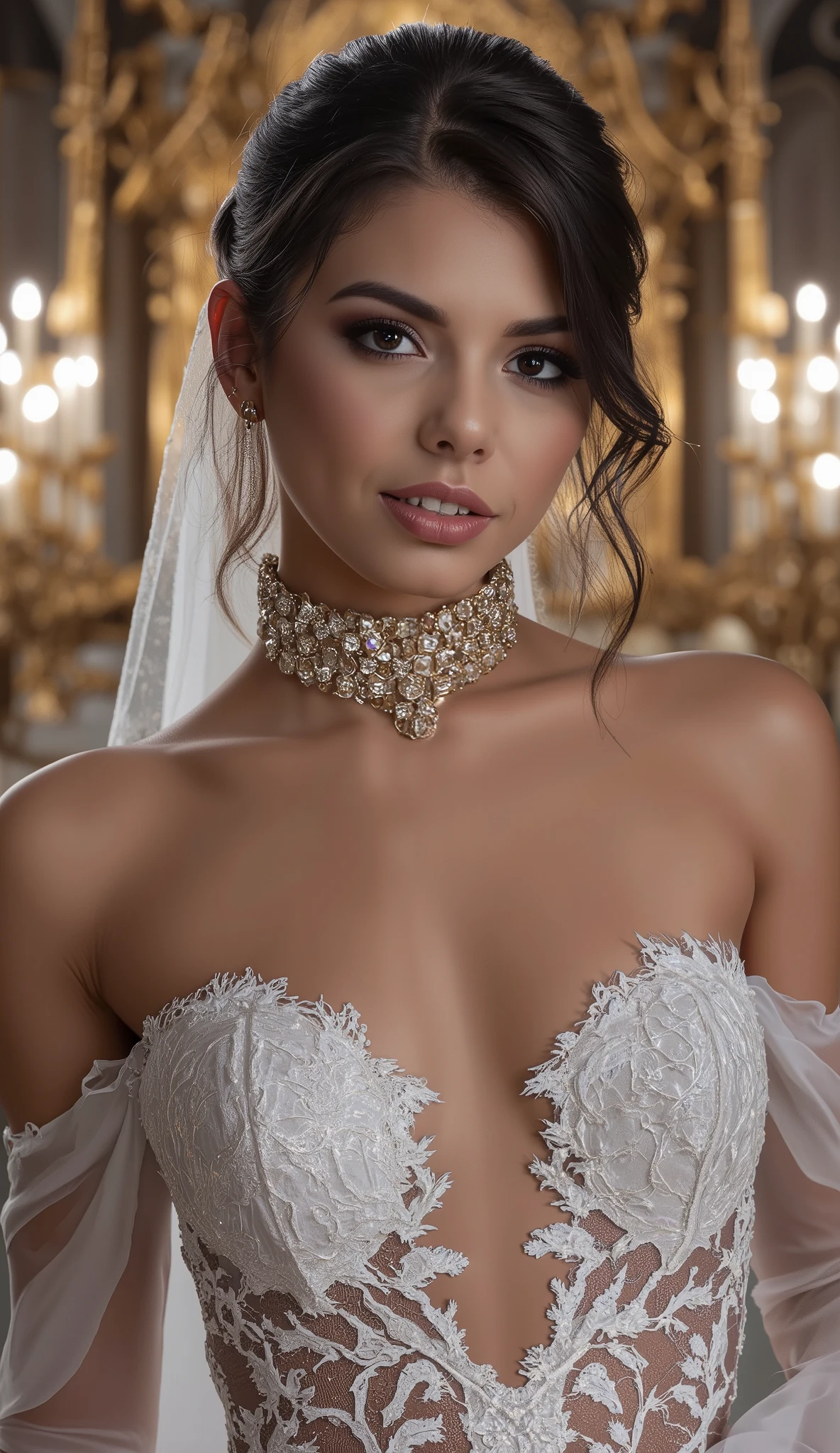 (((best quality))),(((ultra detailed))),(((masterpiece))),illustration,a girl,slim,bun,alluring,sexy,charming,smile,crystal necklace,white lace wedding dress, big breasts, hourglass figure, Set the scenario in a luxury church full of gold details, night scene, the place is enlighted by candles, keep the exact face and hair details of the selected LoRA, keep the LoRA iconic hairstyle, find the best camera angle to take the photo, realistic skin, photorealism, photorealistic, find the best pose to take the photo, brunette