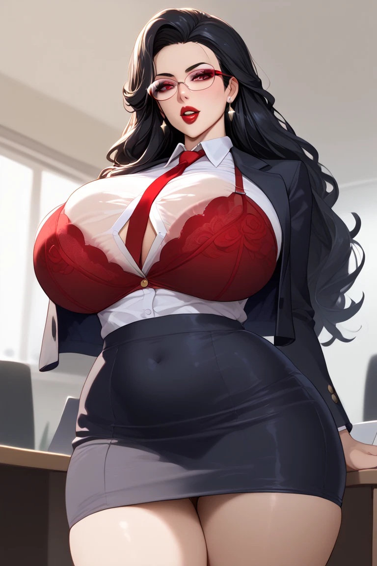 ((best quality)), ((On the table)), (detailed), (emphasize), Perfect face Young girl's face detail showing cleavage、Red eyes and long, Thick, smooth, pretty black hair,Bangs、Monochrome background、Wear it standing with a blazer and miniskirt、