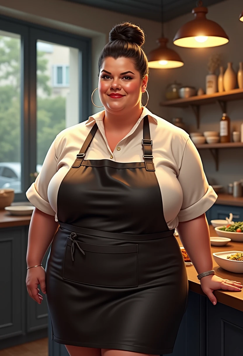 Wearing a naked apron, cooking apron, in the kitchen, mommy figure, naughty momma, cooking mommy, Looks like Drew Barrymore, bulky figure, full figured woman, extremely gorgeous, stunning beauty, sexiest milf, true milf, milf goddes, smokin' hot, mature lady, 70 years old Woman, curvy, fleshy, Plus size beauty, chubby, sweat, sexy outfit, thick figure, bulky figure, heavy figure, fleshy body, fleshy arms, pawg beauty, thick ass, sensual dress, sexy tank top, ((Master piece, very realistic, best quality, highly detailed, Frontal view, DELICATE, PORTRAIT, WOMAN 50yo, AESTHETIC)) shallow depth of field, realism, photography, good proportions, narrow depth of field, tilt shift look, bokeh, anamorphic look, cinematic, dark and moody, ((a pale white complexion MODE with short WHITE color hair and bangs and smokey eye makeup, BLACK lips)), sweating body, wet skin, wearing black fashion designed by Rick Owens, a dark photograph by Tim Walker and Tom Hoops and Matt Mahurin, a dark liminal space, a desolate seedy hotel room with peeling wallpaper and black painted walls, symbolism, primordial fluids, uneasy feeling, dark occult imagery, melancholic ((very aesthetic)), busy in cooking, wearing a short naked apron only,