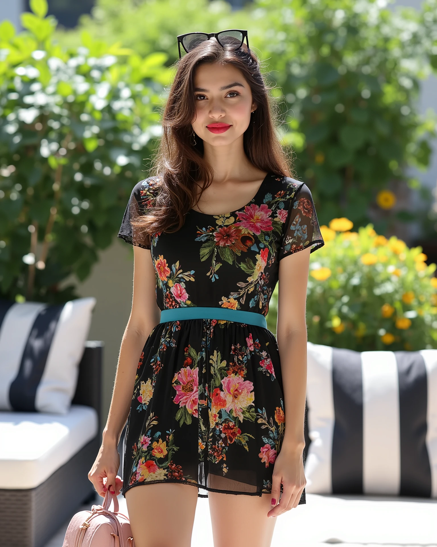 Photograph of a young beautiful indian woman with shoulder length dark brown hair in a braid and pale white skin, bright lipstick, heart shaped face, big brown eyes, wearing a short, black dress with colorful floral patterns and a teal waistband. She accessorizes with a small, light pink handbag and sunglasses perched on her head. She stands on a sunlit patio with a lush green garden in the background, surrounded by black and white striped cushions on the patio furniture.