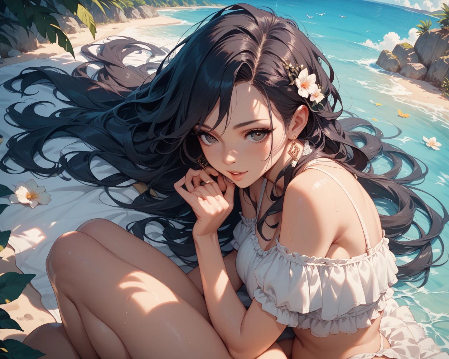 1 garota,cabelo preto, Cabelo flutuante, beira-mar,scenario,paisagem,flores de cerejeira, falling petals, raio de Sol,raios de deus,tronco, COR,vestir,quimono