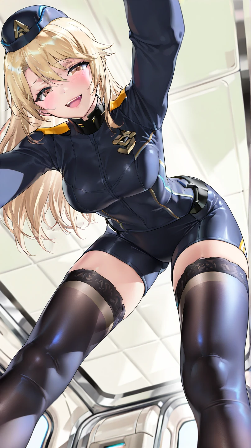 1girl, Arisa ichigaya, x hair ornament, blonde twintails, (bodysuit), sexy body, large breasts, sitting on bed, thighs, crotch