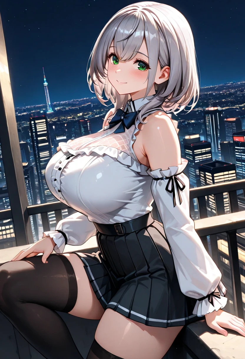 (8k, RAW photo, best quality, masterpiece:1.2),1girl,(sky striker ace raye),(cityscape),professional lighting, photon mapping, radiosity ,blue eyes,Blond hair, black headdress.Dark brown tie,(sitting on the roof of a building),(raining),stars,night,(cleavage),(narrow bust),((frontal view)),long legs
