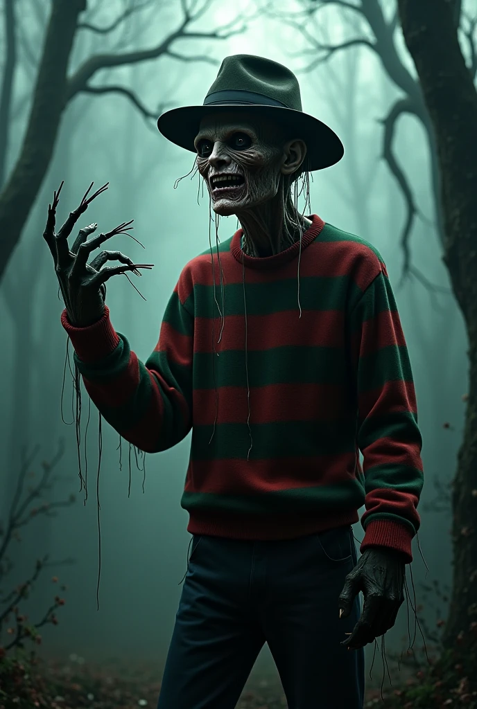 8k、Dark fantasy、Foggy night city、Ultra HD、Amazing image quality,4k、A Nightmare on Elm Street、Freddy Krueger、Wearing a hat、Burned Skin、Fearless smile,Red and black striped sweater、nails are long、Full Body Shot,Give the viewer a malicious look, Grabbing Viewer, For the viewer,Misty marshland background,Shallow depth of field, Vignette, Very detailed, High budget, Bokeh, CinemaScope, Sulky, amazing, nice, Film Grain, granular . Creepy, Anxious, dark, Creepyな, Suspenseful, strict, Very detailed