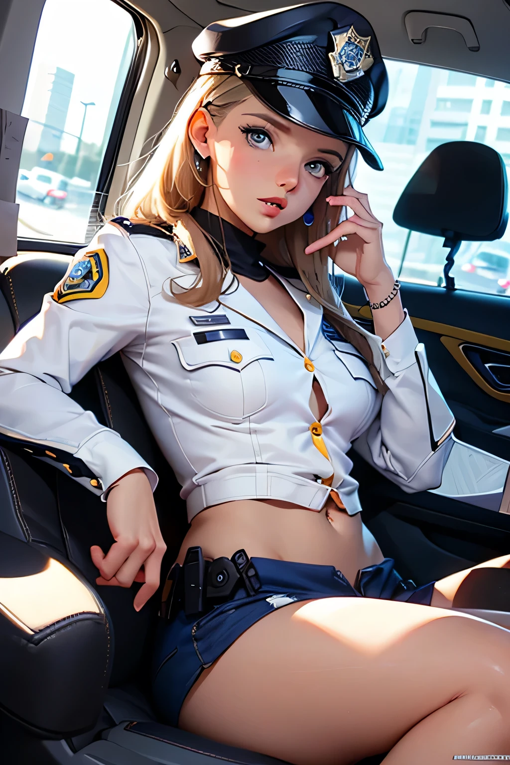 1girl, 25 years old, Solo, (Aesthetic artwork), light grey eyes, big mouth, full lips, very pale skin, (large breasts:1.2), (slim hips, slim waist, slim legs: 1. 1), detailed skin, (next to a classic motorbike:1. 3) designed in 1950, looking at the camera, open leather bodysuit, (black military plate cap:1.6), on a Las Vegas street, blonde hair, curly hair, (at night), blonde hair, curly hair, hair above shoulders, long hair, wavy hair, wide eyes, ringed eyes, long eyelashes, seductive smile, soft lighting, (front view: 1. 3), (great detail), (hyper-realism), (masterpiece), anatomically correct), (textured skin: 1. 3), (best quality), (8k), (best quality), (8k)