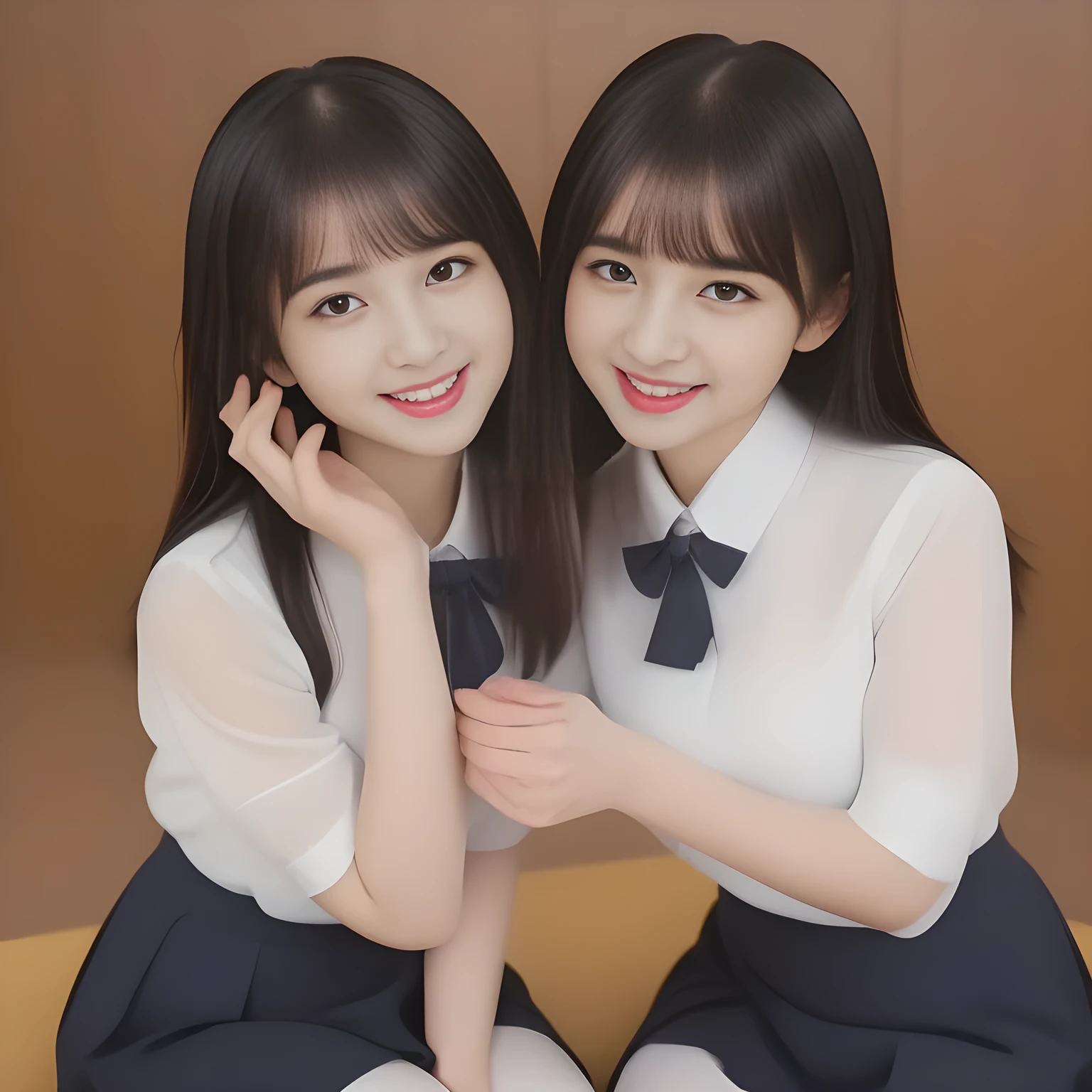 (masterpiece, best quality:1.2), High resolution, 1080P, 8K, 1girl, solo, (((Too beautiful Two zinomy noble lovely idols)) are seated on the viewer's leg and caressing the viewer together. Beautiful face looking down. All the girls are noble, neat, intelligent and beautiful slender, maximum laughter of happiness, neat seducing uniform and skirt: 1.8), (Incredibly well organized pure white face, Glossy lips, Very long black beautiful straight hair like a hair model, (((Pure and clear wet noble smiling large eyes))), (((Noble and neat and noble))) Japanese school uniform, (red cute school ribbon bow-tie), girly & fluttering ((frilled gorgeous expensive white school blouse)), puffed sleeves, (cutest well-pleated noble (navy blue skirt)): 1.9) ,(beautiful legs, white socks and school loafers), (Using expensive face-whitening cosmetics to make her skin more beautiful and pure by professional makeup artist: 1.0), (The neat beautiful two succubi know well about the viewer's super fetishism for school uniforms, and satisfies it completely with skirt: 1.0), (well detailed face and seducing eyes: 1.8), (All the girls are giving the the viewer's one extreme happiness of beautiful hands and skirt: 1.5), (Two beautiful zinomy girls caress and squeeze the viewer's one passionately tenderly together with Beautiful open mouth and hands: 2), (Neat, clean, clear, noble harem atmosphere: 1.8), (hypnosis of angelic (soprano voice chorus) allusion: 2)