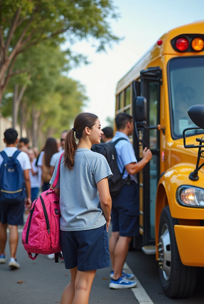 Latino boy watching from a distance as students get on the bus