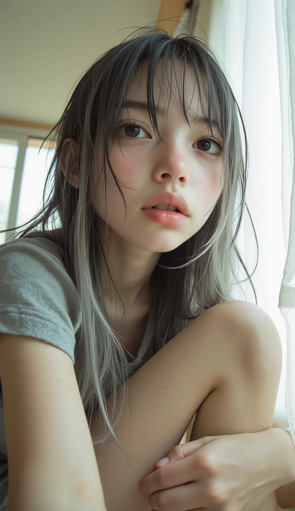 Take selfies with a fisheye lens、long straight hair, light gray top with focus on the subject, Empty eyes 、 open the mouth sloppily 、crouching pose, smooth skin, wearing a natural interior background with soft diffused light from a window,  light wooden floor ,  warm and calm atmosphere , , shallow depth of field