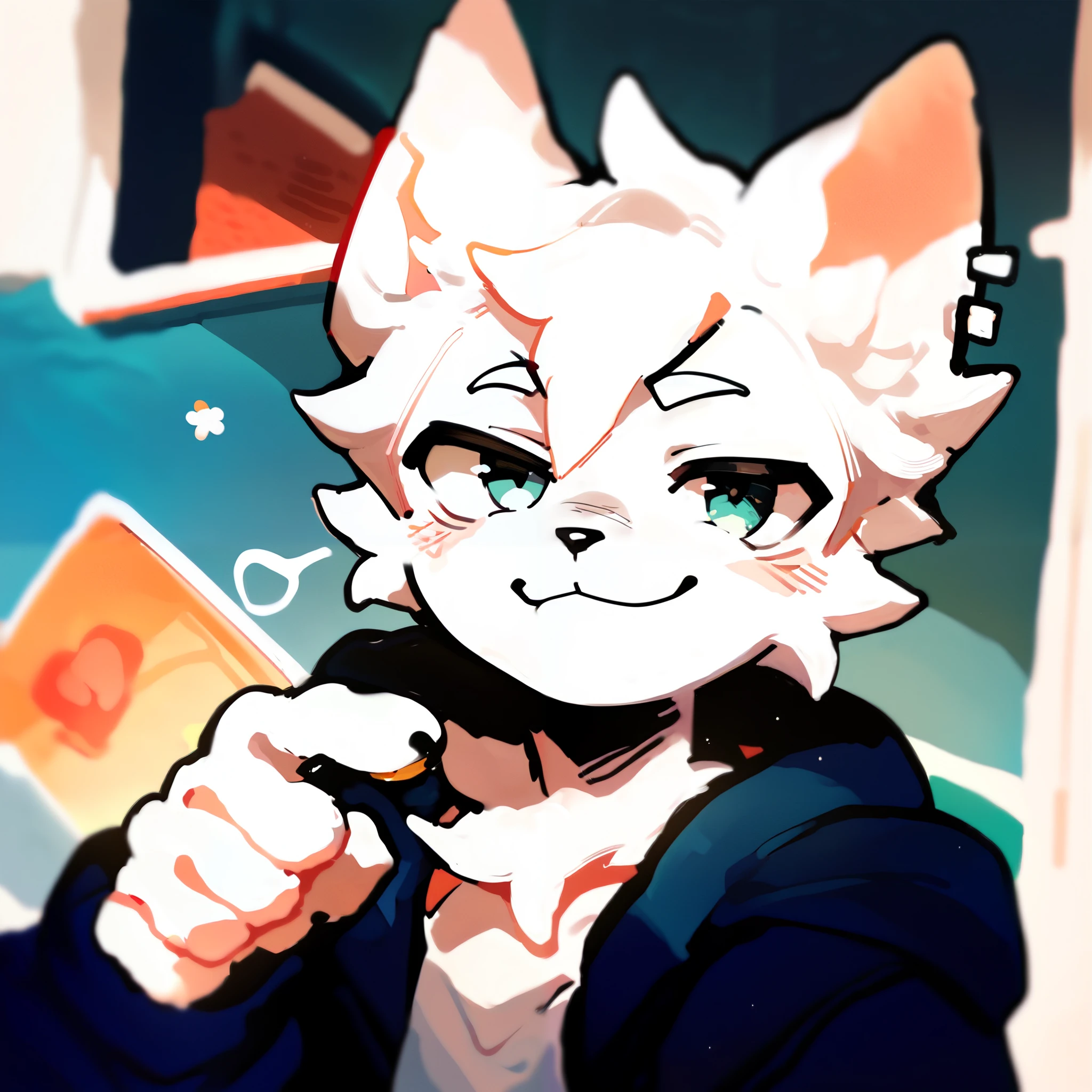 score_9,score_8_up,score_7_up,score_6_up,score_5_up,score_4_up, solo anthology furry, Boy Kissurfer , male, white fur, White Ear, smug ,