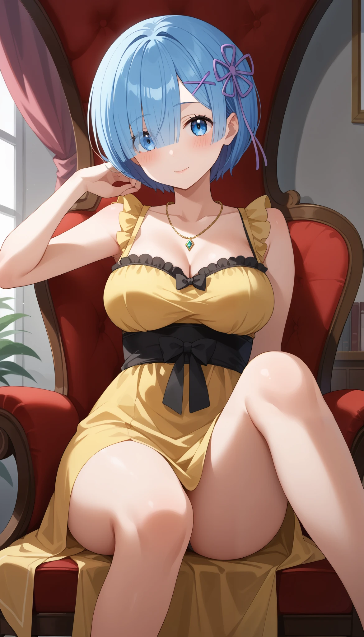 Rem Rem  / Re:Zero、((yellow dress))、(angle from top)、chair in a half-sleeping position、Chest Valley、Ulchan-6500-v1.1, ( RAW photos :1.2), beautiful detailed, Very detailed目 美しい目, beautiful eyes、 Blue Eyes 、 file size is large, high resolution, Very detailed, Highest Quality, [masterpiece:1.6], Awareness-raising, Very detailed, CG, finely, Highest Quality, 8K wallpaper, perfect figure、dynamic、Very detailed、short hair、light blue hair tied at the top、cover、thighs、Bare legs