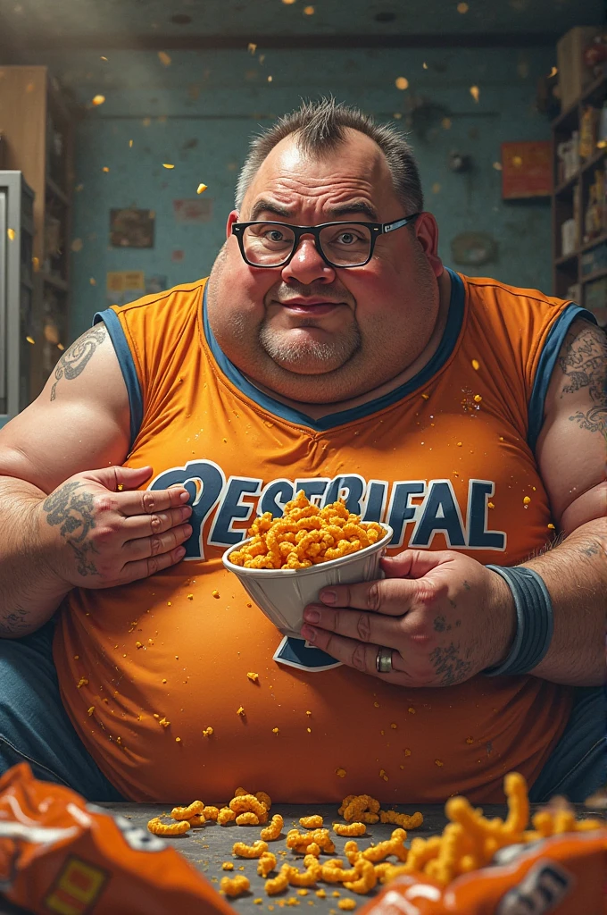 Make a 40 year old morbidly obese man who has his hands full of cheetos who is all greasy who plays league pd legends who has a black neck who has his room full of anime posters who is called chok But who is playing ay that is also full of pizza boxes his room And that his room is full of socks and dirty clothes and that his room is dirty he does not wear a shirt And that he is from real life very realistic And he is from the United States with his hair a little long and that he is sitting but has no gray hair