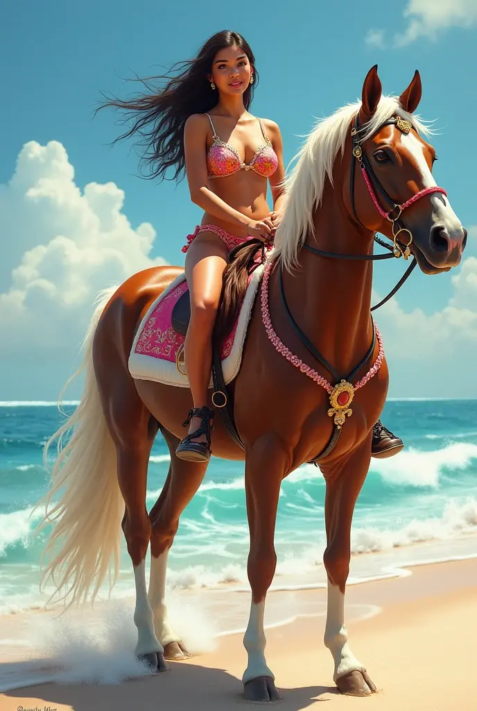 Sexy woman wearing a string bikini riding a horse that is galloping along the seashore on a sunny day. Boats can be seen in the water from a distance