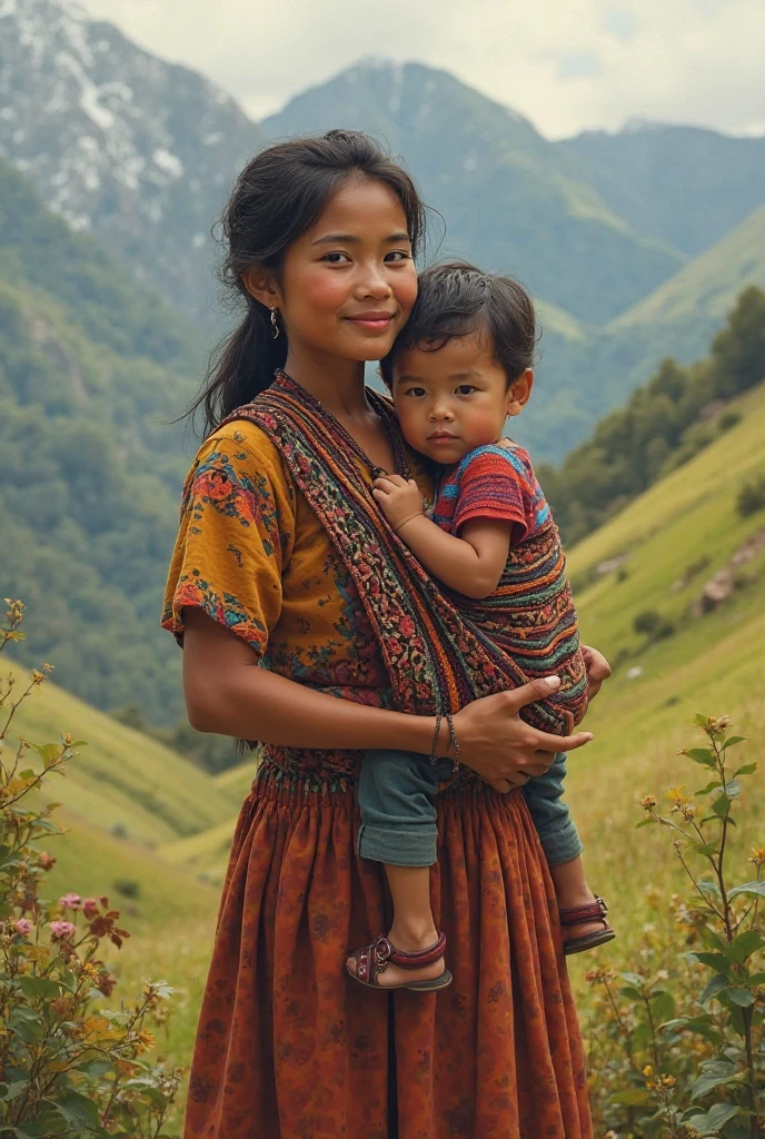 smiling young northeast india tribal woman carries her happy baby on her back