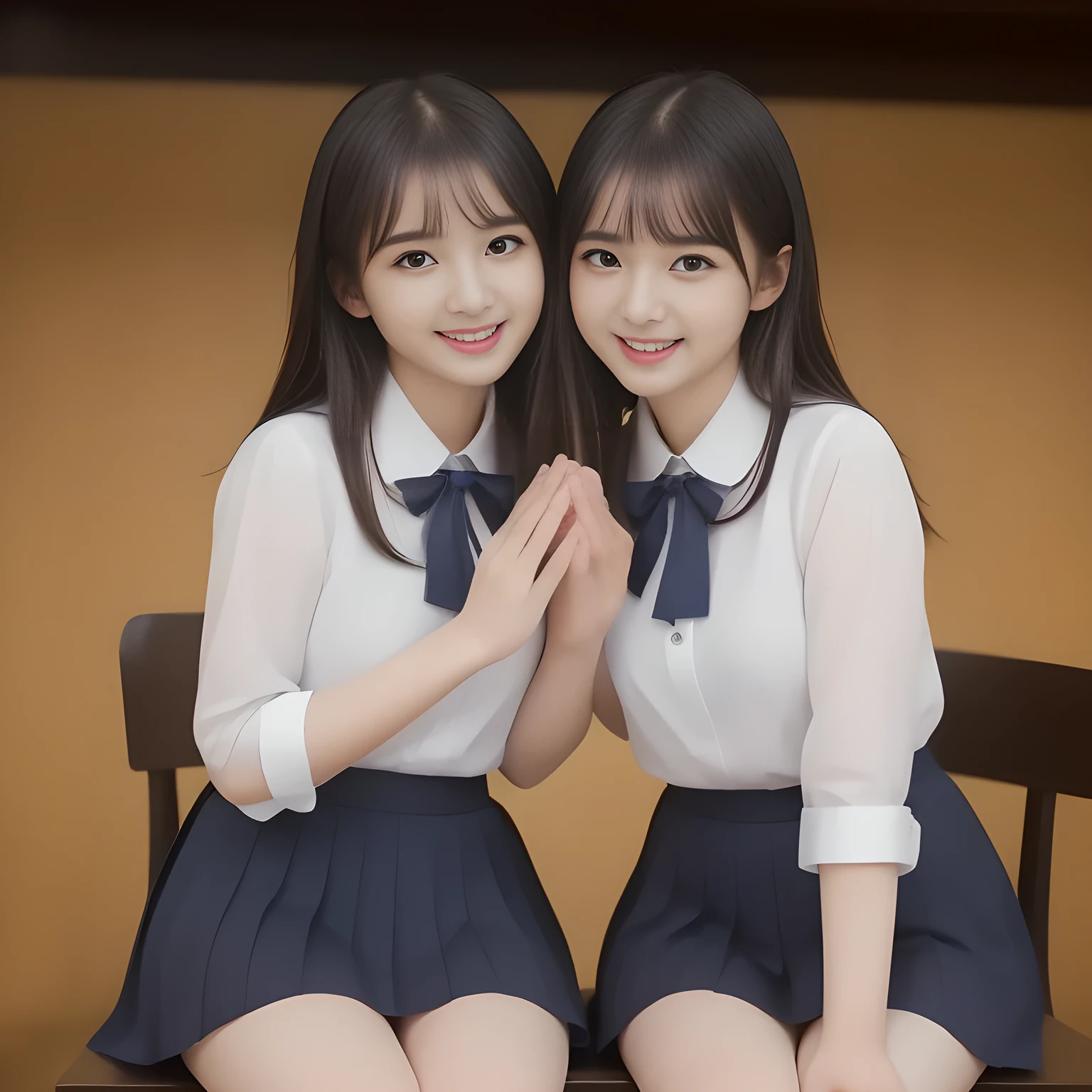 (masterpiece, best quality:1.2), High resolution, 1080P, 8K, 1girl, solo, (((Too beautiful Two zinomy noble lovely idols)) are seated on the viewer's leg and caressing the viewer together. Beautiful face looking down. All the girls are noble, neat, intelligent and beautiful slender, maximum laughter of happiness, neat seducing uniform and skirt: 1.8), (Incredibly well organized pure white face, Glossy lips, Very long black beautiful straight hair like a hair model, (((Pure and clear wet noble smiling large eyes))), (((Noble and neat and noble))) Japanese school uniform, (red cute school ribbon bow-tie), girly & fluttering ((frilled gorgeous expensive white school blouse)), puffed sleeves, (cutest well-pleated noble (navy blue skirt)): 1.9) ,(beautiful legs, white socks and school loafers), (Using expensive face-whitening cosmetics to make her skin more beautiful and pure by professional makeup artist: 1.0), (The neat beautiful two succubi know well about the viewer's super fetishism for school uniforms, and satisfies it completely with skirt: 1.0), (well detailed face and seducing eyes: 1.8), (All the girls are giving the the viewer's one extreme happiness of beautiful hands and skirt: 1.5), (Two beautiful zinomy girls caress and squeeze the viewer's one passionately tenderly together with Beautiful open mouth and hands: 2), (Neat, clean, clear, noble harem atmosphere: 1.8), (hypnosis of angelic (soprano voice chorus) allusion: 2)