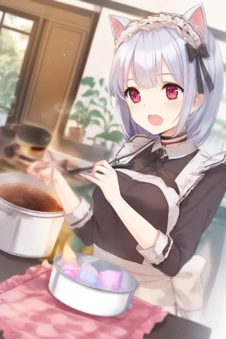 in the kitchen, ((Tasting chocolate sweets)) (a silver hair short hair divine swordman girly boy, red eyes, serious face), ((in a butler uniform, cute apron)), break, masterpiece:1.2, best quarity, beautiful detailed grow.