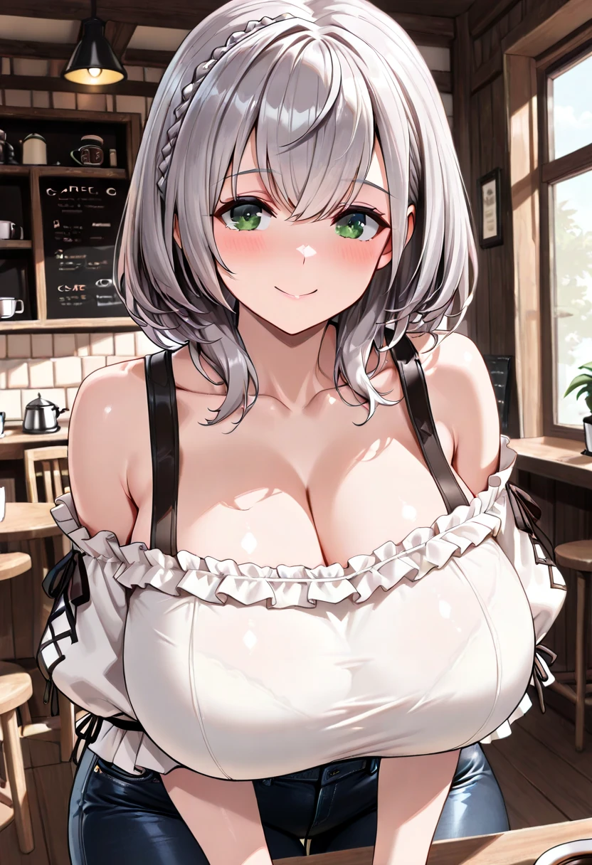 2B,
Real Doll,Natural skin texture,White skin,
White swimsuit,Black Apron,
Bob cut hair,Silver Hair,White eyes,
tall,Large breasts,Underboob,Confused face,blush,Upright posture,from the front,
Zoom in on face,The light shines through,Indoors at home,Sitting on a chair,On a big table,I'm eating,Put your hands on the table,
Beautiful image quality,Delicate shades,4K,Very detailed,