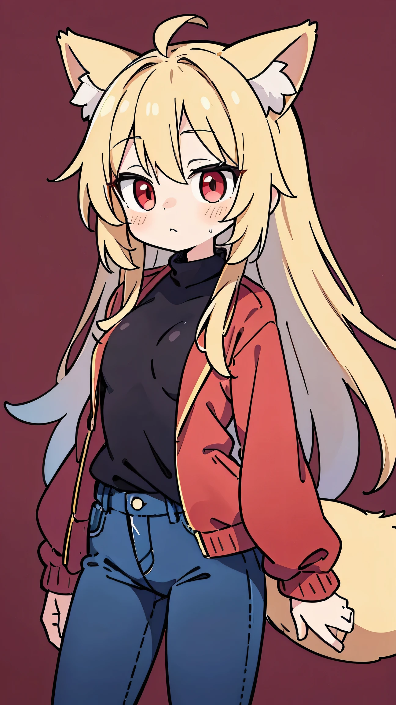 anime style、 cute face、 woman、 fox ears、Gold Hair、long hair、tail、 red eyes、red jacket、jeans、simple background