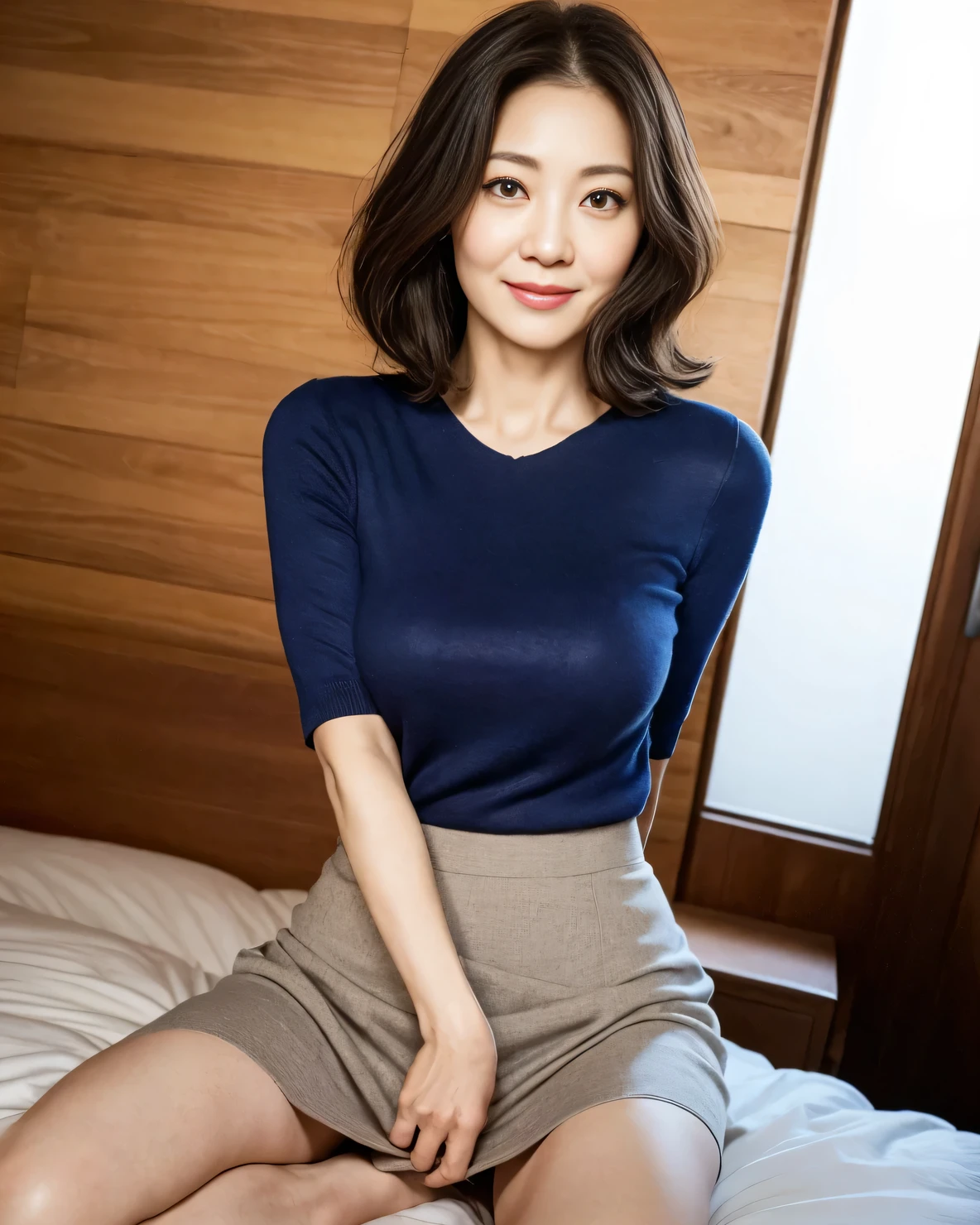 A beautiful Japanese woman in her thirties with short hair, wearing a dark blue long-sleeved cotton shirt, looks at me from the entrance of the living room in the morning and smiles with relief. Focal length 100mmf/2.8, spring morning, rain, living room on the upper floor of a high-rise apartment, well-shaped face, face just awake, toned body, dark blue long-sleeved cotton shirt, dark blue lace panties, beautiful legs, close-up of facial expression, Realism, 8K image quality, and highest quality.