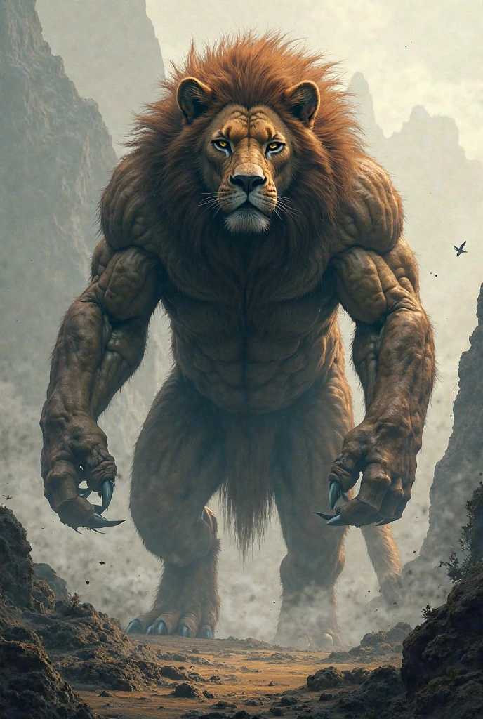 Gigantic dangerous and mythical cross between a muscular Lion and a goat with scary background