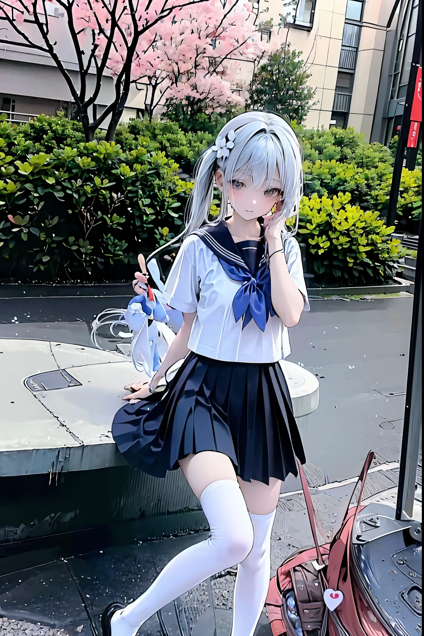 ( masterpiece, top quality, best quality, official art, beautiful and beautiful:1.2),( 8,000, best quality, masterpiece:1.2), ((( masterpiece))),(((best quality))),((( extremely detailed))),illustration,,pretty girl,Slightly mature but still girly,Three circumference B90/W65/H87 ,white sailor suit with blue navy collar,A dark blue leather collar fitted her snow-white neck,collar central suspension 2cm diameter silver bell and 3cm heart-shaped titanium steel lock(surface anodized cherry blossom pattern)。Under the blue-purple pleated skirt,Pure white over-the-knee cotton socks wrap slim legs,Gold embroidery looming at the socks,A pink leather leg ring is attached to the left leg,holding a cherry blossom pollen jumping egg remote control,The soft wires meandered into the shadow of her skirt,The skirt fluttered by the wind kept an exact 8° between the sock opening.0cm absolute field。A silk headband hung down between her long straight black hair,Right hand gently pinches daisies to cover the skirt corners,Carrying a bento bag on the left hand。Background cherry blossoms in the rain,, the girl stands on the cherry blossom path at Seizakura Gakuen,Facing the cherry blossom tree,The shackles at the ankles shimmer with a shimmer of light,with clear eyes but with a sense of being and in control,The sunlight reflected rainbow colors on the metal buckle of her leg ring