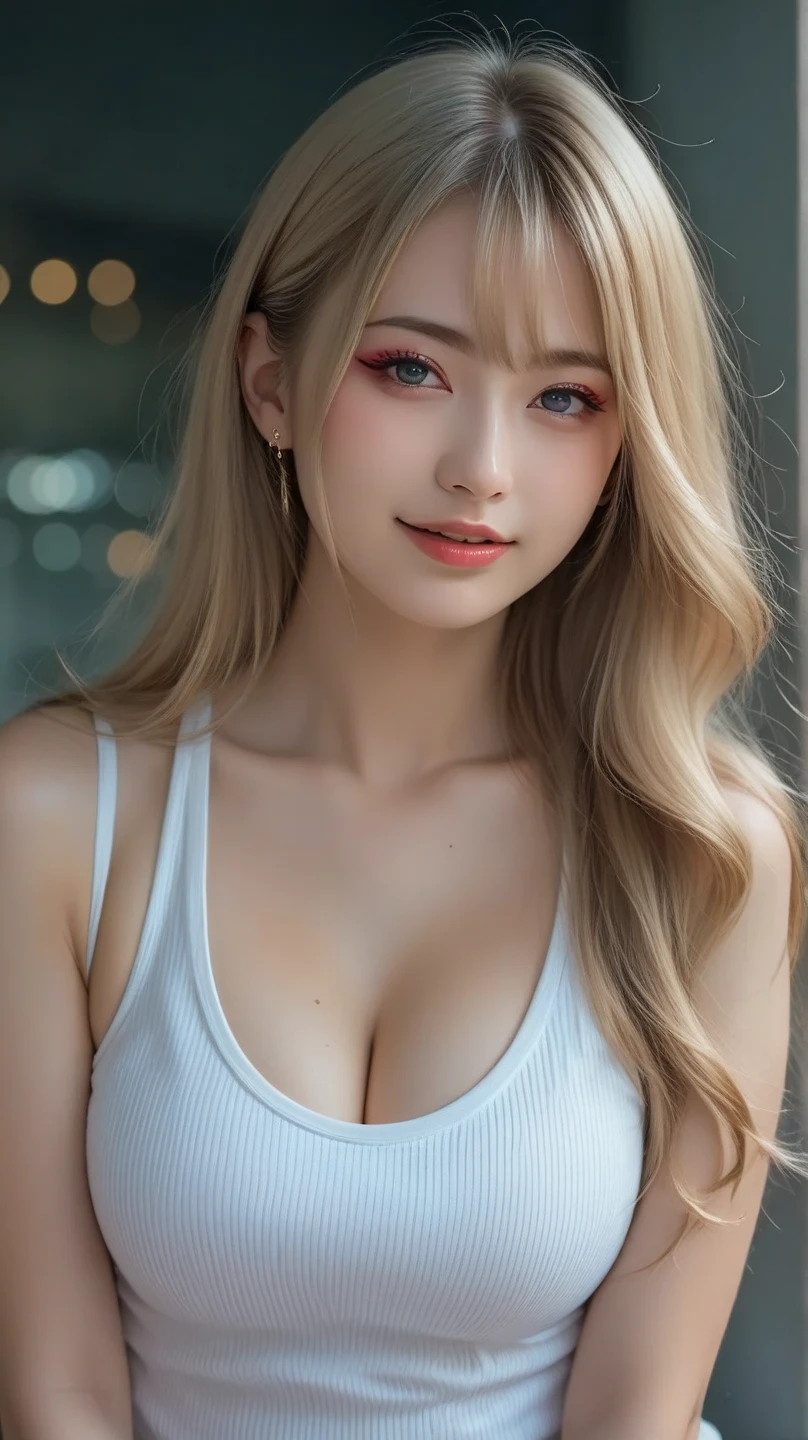 ((Beauty like a model)), Japan Girl,1 persons,masterpiece, The highest image quality, ultra-detailliert, (perfectbody:1.2,Best Quality:1.2), ((Perfect face+blonde hair)), Close up of, short wavy hair,Viewer's Perspective, detailed hairs、Detailed eyes(realisticeyes),profetional lighting,(Brown eyes),slenderbody,adult lady,About 28 years old,glamor,kindly smile,Half Girl,Lashes,二重まぶた,(Shirt with a large gap in the back),Raw photo,Sexy lips,((Lovely smile)),((she crumpled her face and smiled)),Navel Fashion,abdominals,Constriction,((Beautiful back)),((piercings)),((white shirt large))