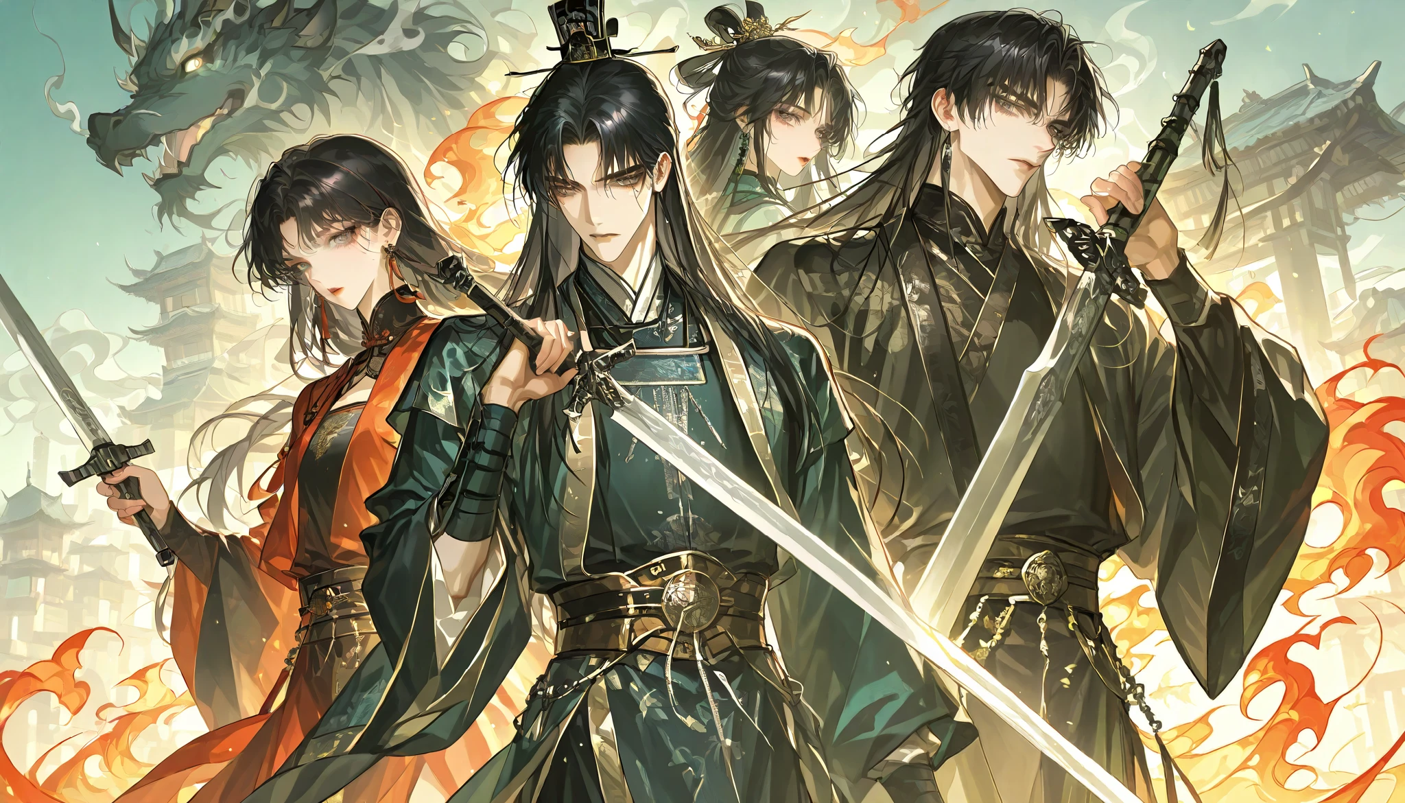 A beautiful oriental man with straight black hair, gray eyes and tiny mole near his left eye, wearing Tang Dynasty Clothing, suddenly see the China Evil Spirits that are destroying the city; while running forward and focusing on the beautiful oriental man, holding a shiny battle sword; fire and smoke continue to burn the acient china city