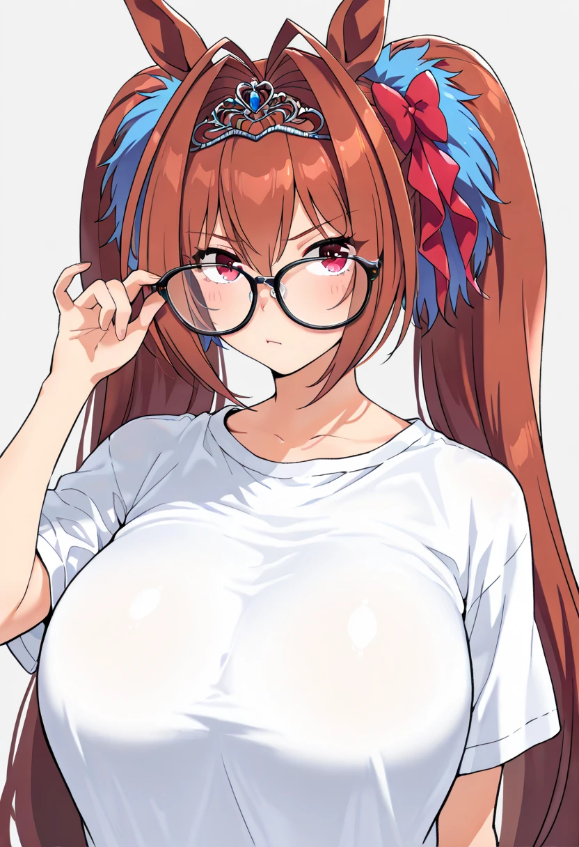 Highest quality,masterpiece, Highest Resolution, nsfw, Sailor uniform, 1 girl, topless, huge breasts,pink nipple, belly button,outdoor, blush, standing, horse ears, horse tail