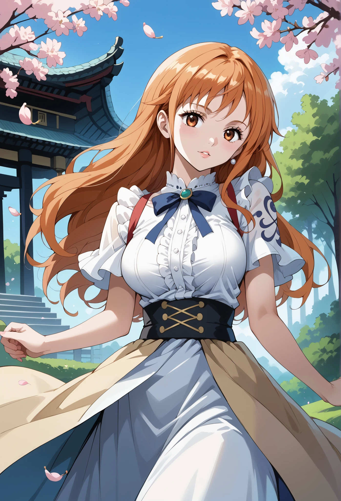score_9, score_8_up, score_7_up, source_anime, 4K,perfect fingers,(perfect hands, perfect anatomy),prefect lighting, very aesthetic, intricate details,highly detailed background, masterpiece, high quality, best quality,
1girl,solo,onepiecenami, nami, long hair, orange hair, brown eyes, large breasts,, 
wearing ((casual dress,frills,ornate clothing, )),,
forest, sakura, cherry blossoms,action pose, looking at viewer, head tilt,