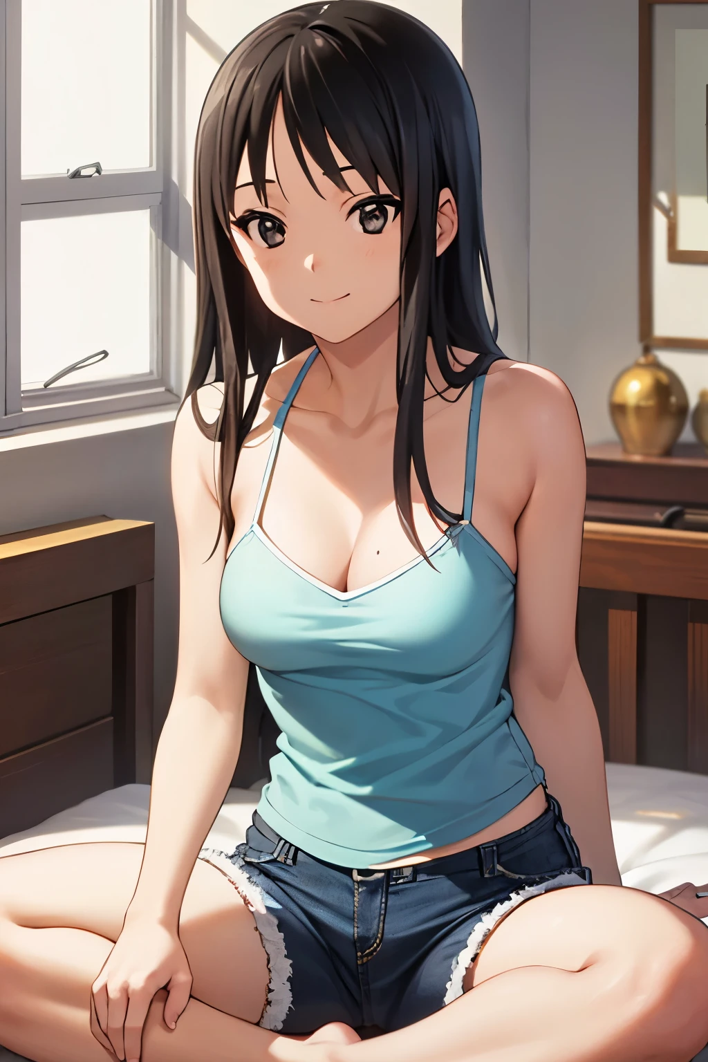 1 girl in her bedroom sitting on the bed wearing a light blue spaghetti strap tank top and blue jean shorts, smile, closed mouth, black hair, brown eyes, portrait shot, sitting indian style